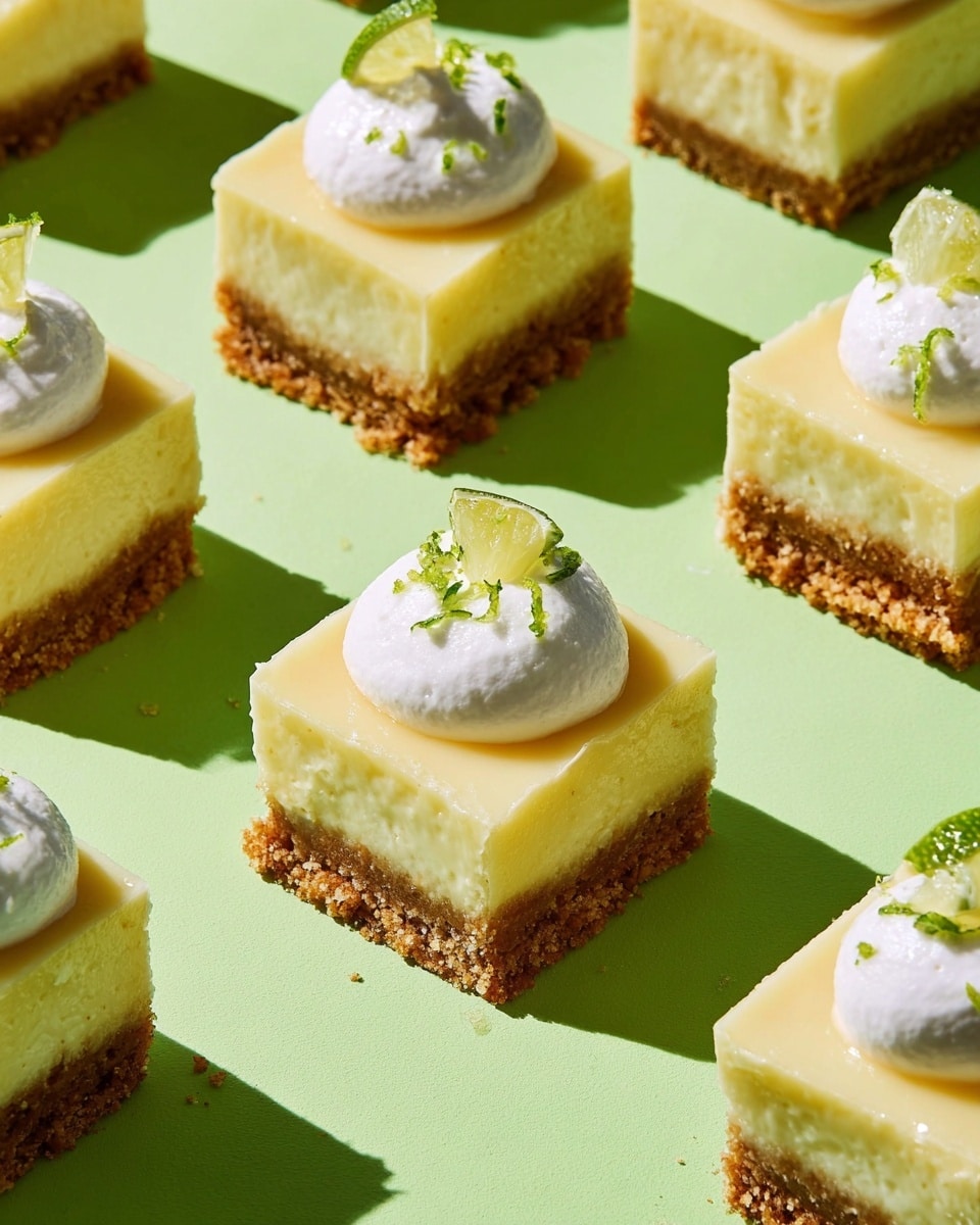 The image shows a flat lay of ingredients for a dessert on a light green surface. There is a bottle of key lime juice on the left, next to a stack of four rectangular graham crackers with a light brown texture placed near the top center. Below the crackers, there is a lime cut in half with a bright green rind and pale green flesh. To the right, there is a small white bowl filled with granulated sugar, and next to it, a metal sieve holds some sifted powdered sugar with a small white pile beneath it. Below the sugar bowl, there is a tiny glass jar with a small amount of white powder inside. At the bottom right, a small white jug contains a cream-colored liquid. Near the bottom left, a clear glass bowl holds melted yellow butter. All elements cast soft shadows on the surface. Photo taken with an iphone --ar 4:5 --v 7