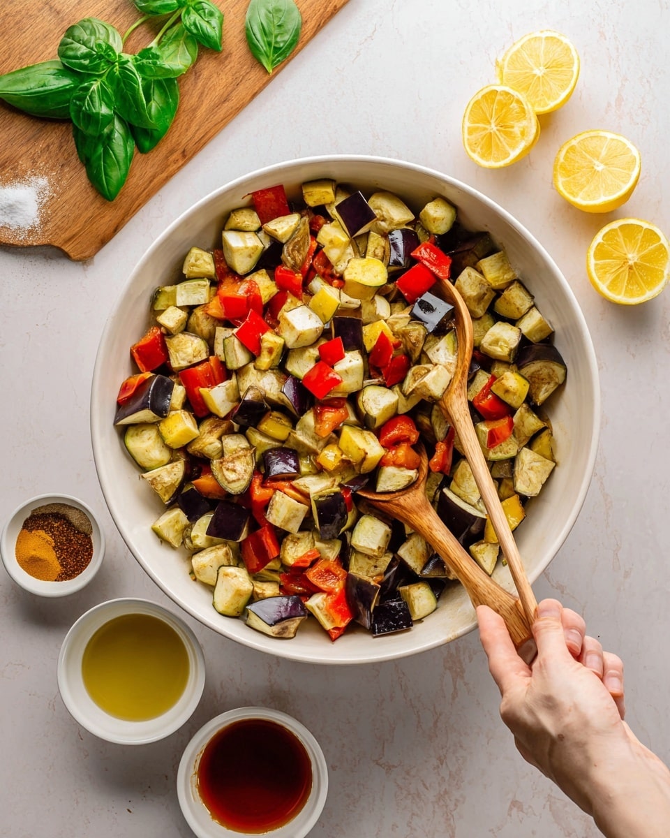 A large white bowl on a white marbled surface holds a colorful mix of roasted vegetable cubes layered about two to three inches deep, mainly light yellow and purple eggplant pieces mixed with bright red bell pepper chunks scattered evenly. Two wooden spoons are stirring the vegetables, held by a woman’s hand at the bottom edge of the bowl. Surrounding the bowl, on a white marbled surface, there are two lemon halves with bright yellow peel and light interior on the right, and a wooden board on the left with fresh green basil leaves, two small white bowls containing a golden yellow liquid and a dark red sauce, plus a small ceramic dish containing brown, yellow, orange, and green spices with a wooden spoon inside. The lighting is soft and natural, showing clear details. photo taken with an iphone --ar 4:5 --v 7