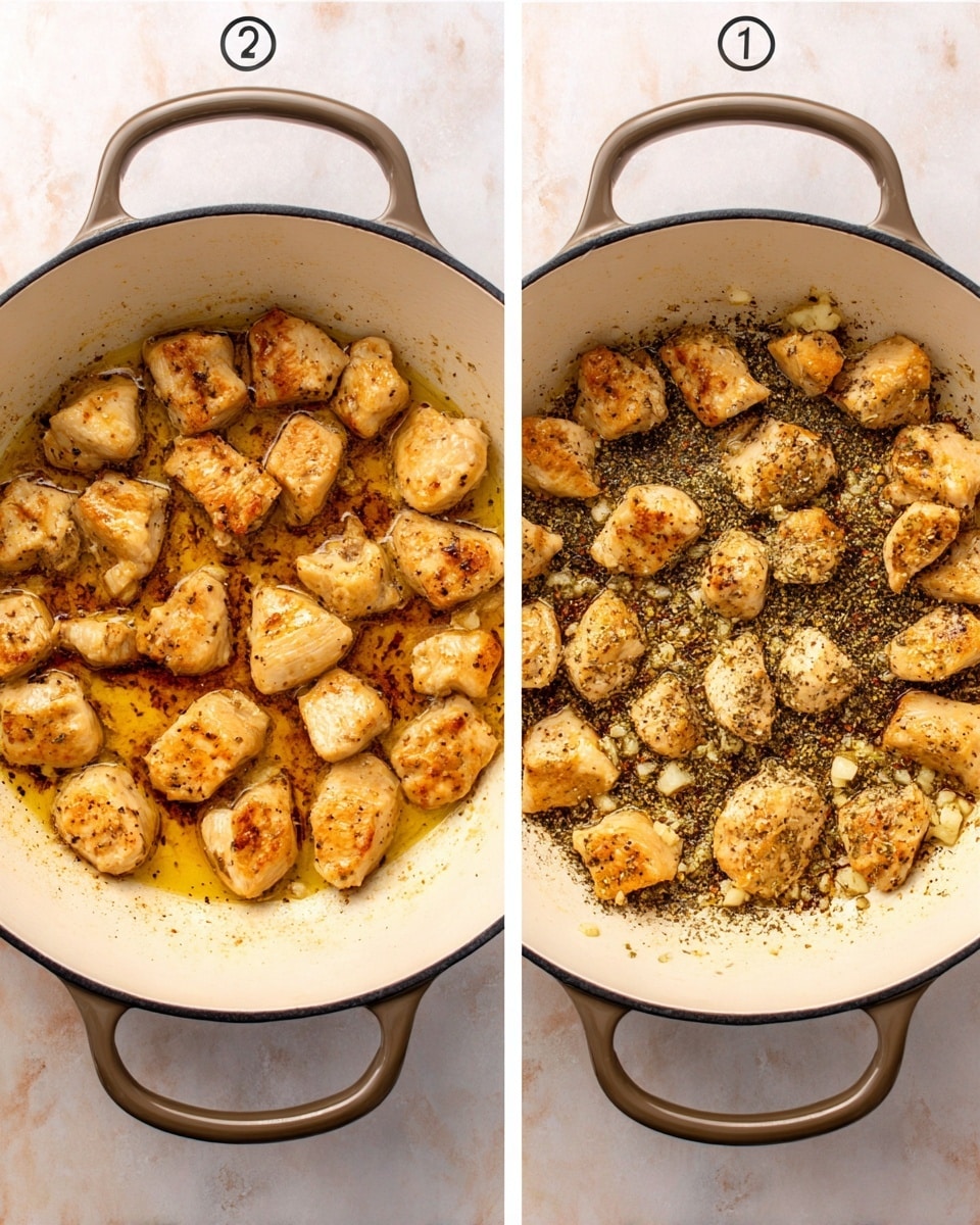 Two images side by side show a white pot with a dark rim and handles, on a white marbled surface. The left image shows about 25 golden-brown chunks of cooked chicken evenly spread in the pot with a slightly bubbling golden oil around them and some browned spots on the pot’s surface. In the right image, the chicken pieces are similarly arranged but topped with scattered small pieces of minced garlic and sprinkled with green dried herbs and black pepper, covering many pieces with a textured seasoning. The pot’s inside edges have browned bits from cooking. Photo taken with an iphone --ar 4:5 --v 7
