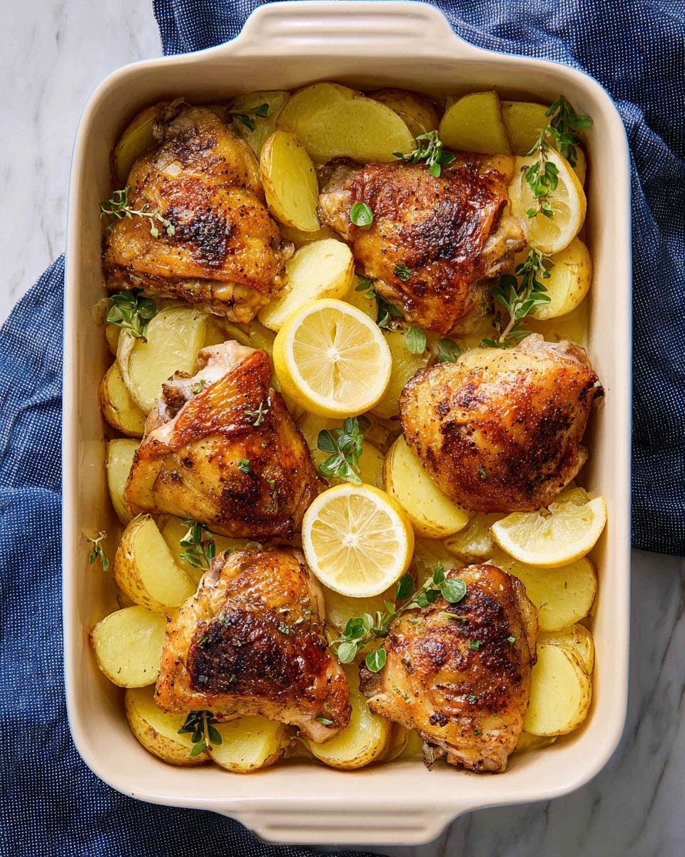 This image shows a white baking dish filled with two layers. The bottom layer is made of sliced yellow potatoes with a soft, cooked texture, spread evenly across the base. On top, six pieces of golden-brown roasted chicken thighs are placed, each with a crispy, slightly darkened skin. The chicken pieces are garnished with small green herb leaves for a fresh look. There are also three thin lemon slices placed on top of the chicken and potatoes, adding a bright yellow color contrast. The dish rests on a white marbled surface with a blue cloth partially visible around it. Photo taken with an iphone --ar 4:5 --v 7