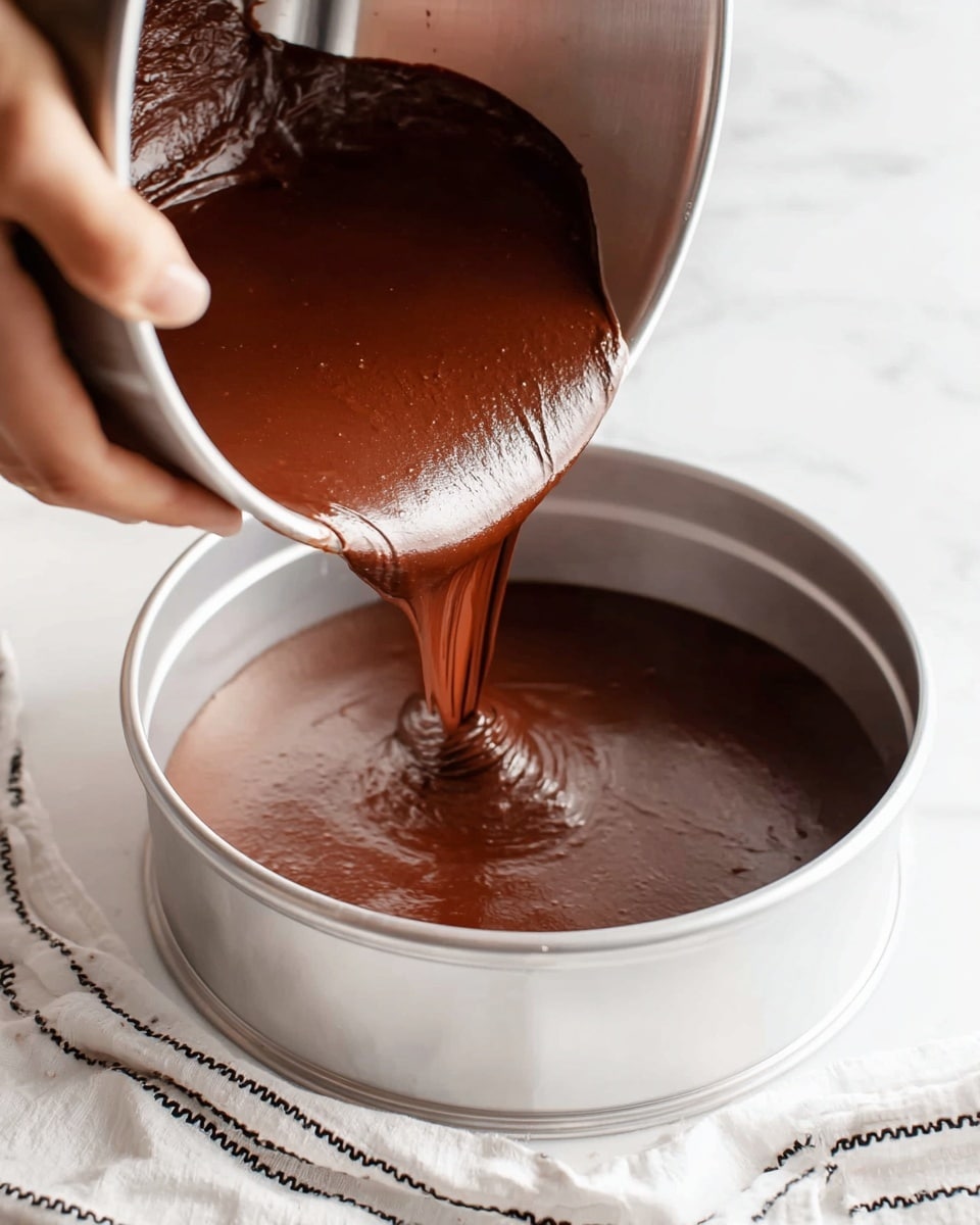 A close-up view of a woman's hand pouring smooth, dark brown chocolate batter from a silver mixing bowl into a round white cake pan. The chocolate layer is thick and glossy as it spreads evenly inside the pan. The background shows a soft white marbled surface with a white cloth featuring black stitched lines partly visible. Photo taken with an iphone --ar 4:5 --v 7