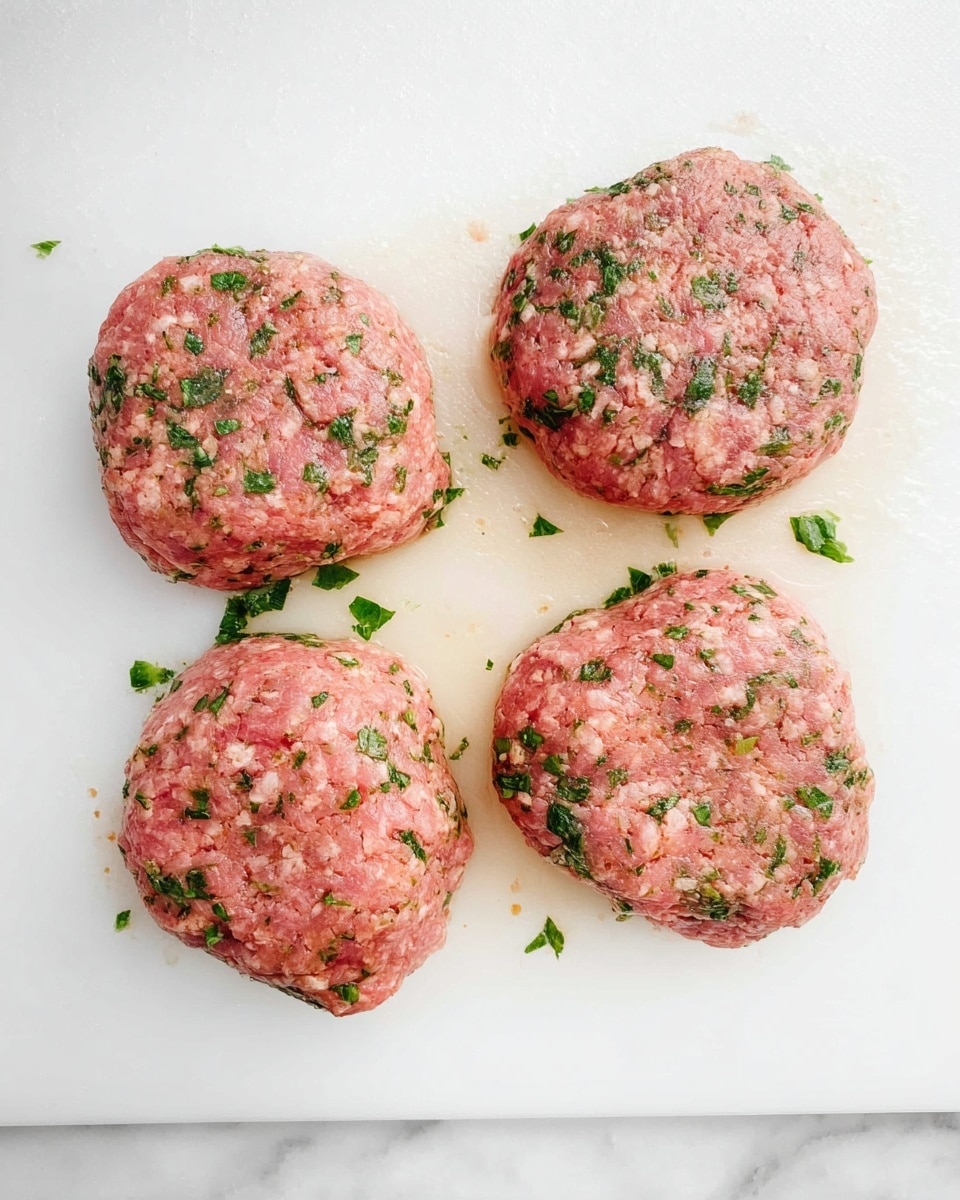 Four raw meat patties mixed with chopped green herbs are placed on a white cutting board over a white marbled surface. The patties are rounded, thick, and uneven in shape with a pinkish color showing the fresh meat and green bits spread throughout. The four patties are arranged loosely in a square-like pattern with some space between each. The white cutting board has slight shine and meat juices visible around the patties. Photo taken with an iphone --ar 4:5 --v 7
