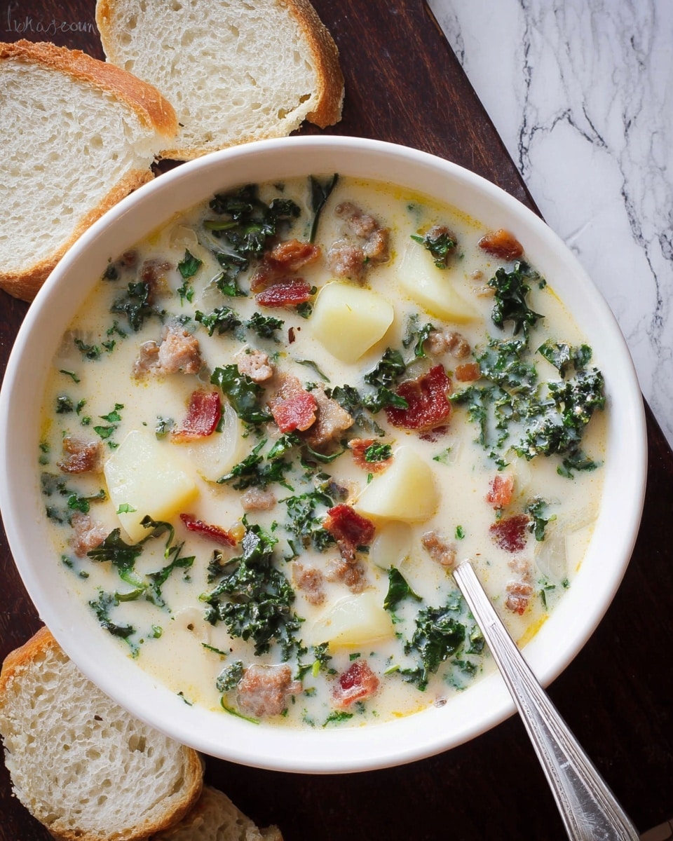 A white bowl filled with creamy soup that has visible layers including green kale leaves scattered through the light creamy broth, chunks of white potatoes, small pieces of browned sausage, and crispy reddish bacon bits. A silver spoon rests inside the bowl near the bottom right, partially submerged in the soup. Surrounding the bowl on a dark wooden surface are two slices of white bread with soft texture and holes in the crumb. The background is replaced with a white marbled texture. photo taken with an iphone --ar 4:5 --v 7