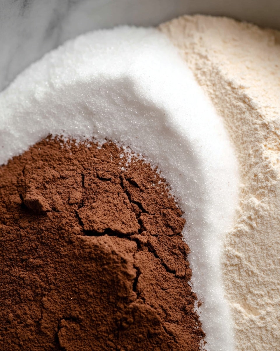 A close-up image shows three different dry ingredients layered side by side in a bowl with a white marbled texture background. The front layer is a rich brown cocoa powder with a soft, powdery texture and slight cracks. Behind it is a bright white layer of granulated sugar with a fine grainy texture. The last layer in the back is a pale beige flour with a powdery, smooth surface. The layers are arranged from front to back with gentle slopes blending where they meet, creating a natural textured look. photo taken with an iphone --ar 4:5 --v 7