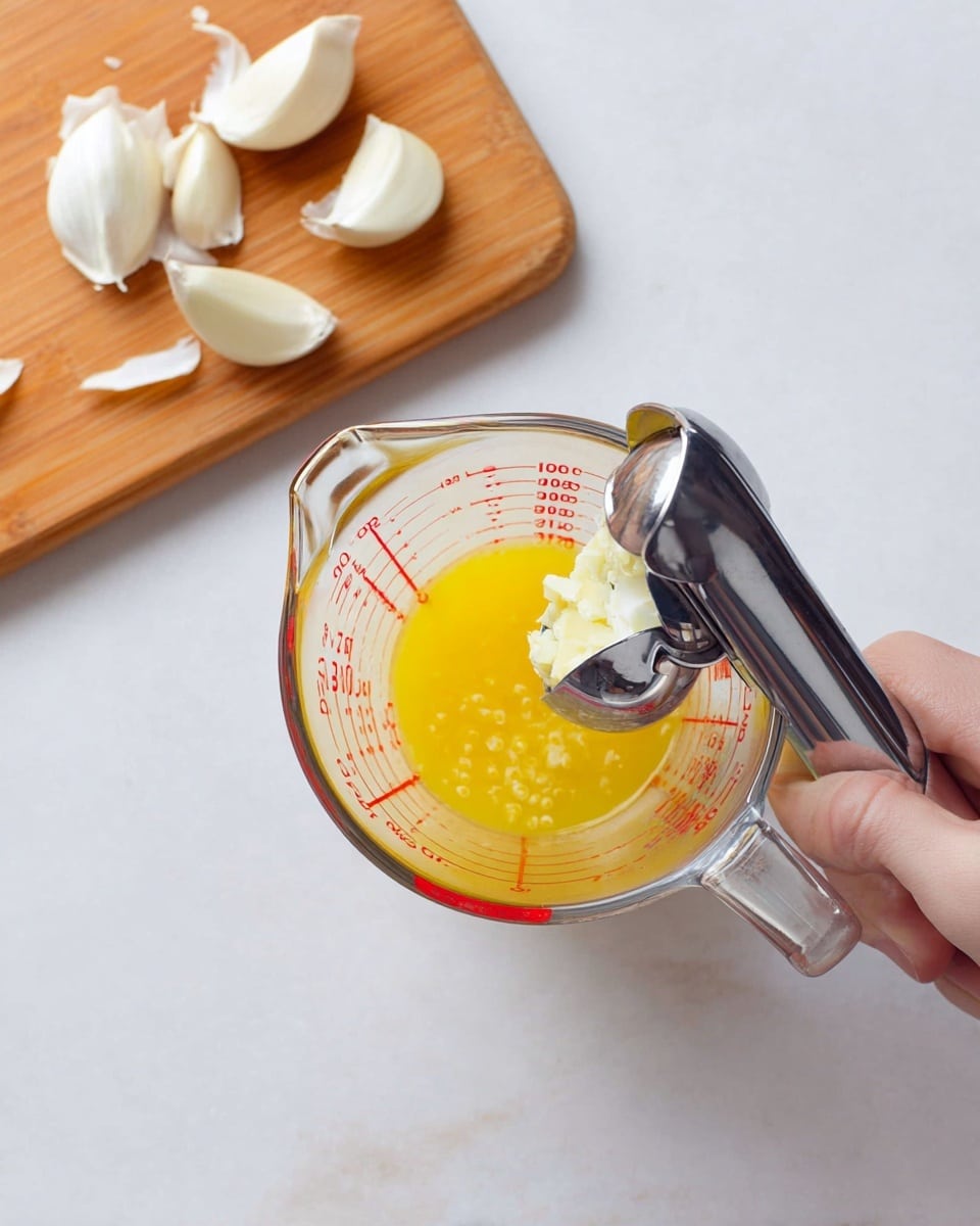 A clear measuring cup with red measurement marks holds a bright yellow liquid with some texture, being squeezed by a shiny silver garlic press held by a woman's hand; on the top left, two peeled white garlic cloves and some garlic peel are on a light brown cutting board, all placed on a white marbled surface. photo taken with an iphone --ar 4:5 --v 7