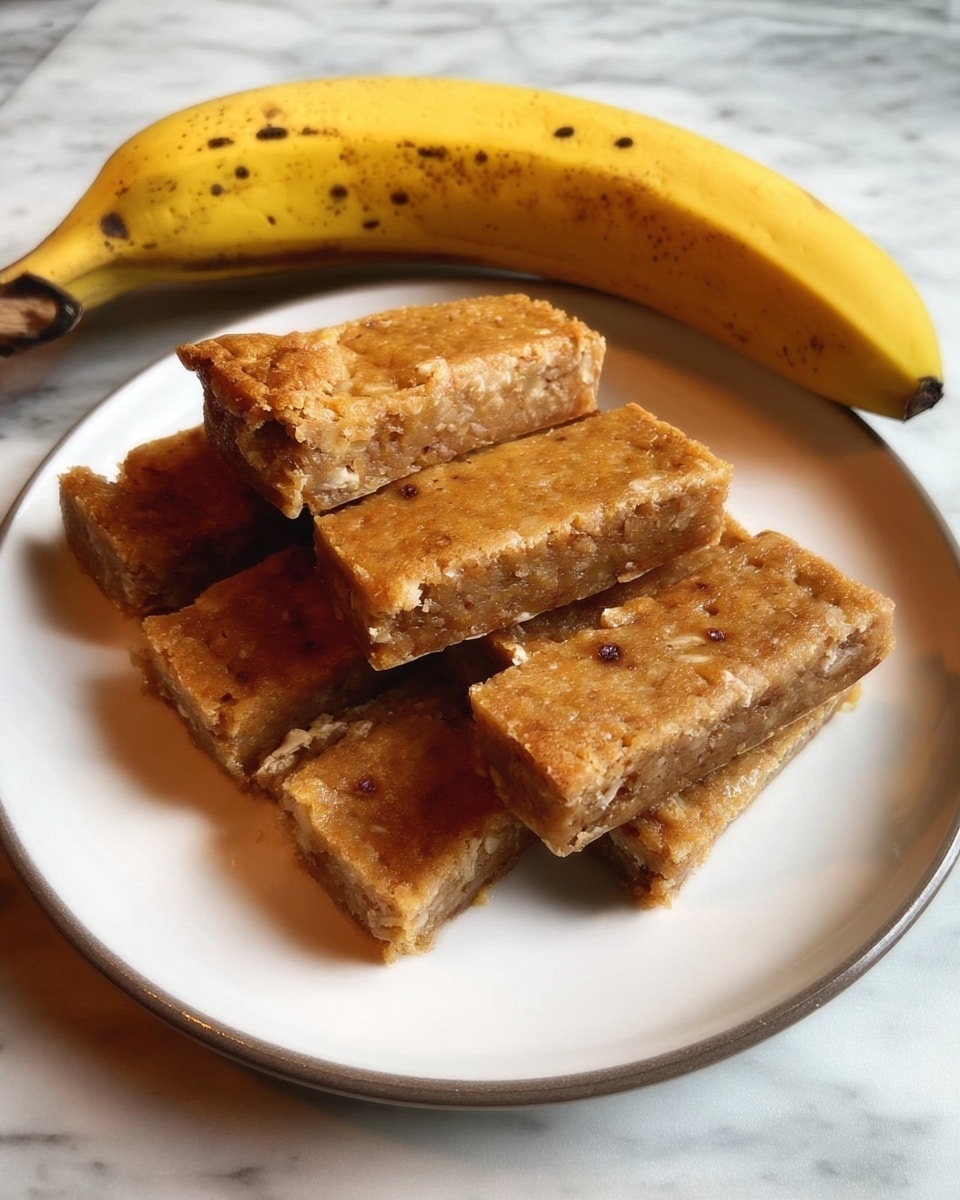 The image shows seven rectangular bars of a light brown baked dish stacked and spread on a round white plate. The bars have a dense, slightly rough texture with small visible bits inside them. Above the bars, a ripe yellow banana with brown spots lies on the plate. The scene is set on a white marbled surface. Photo taken with an iphone --ar 4:5 --v 7