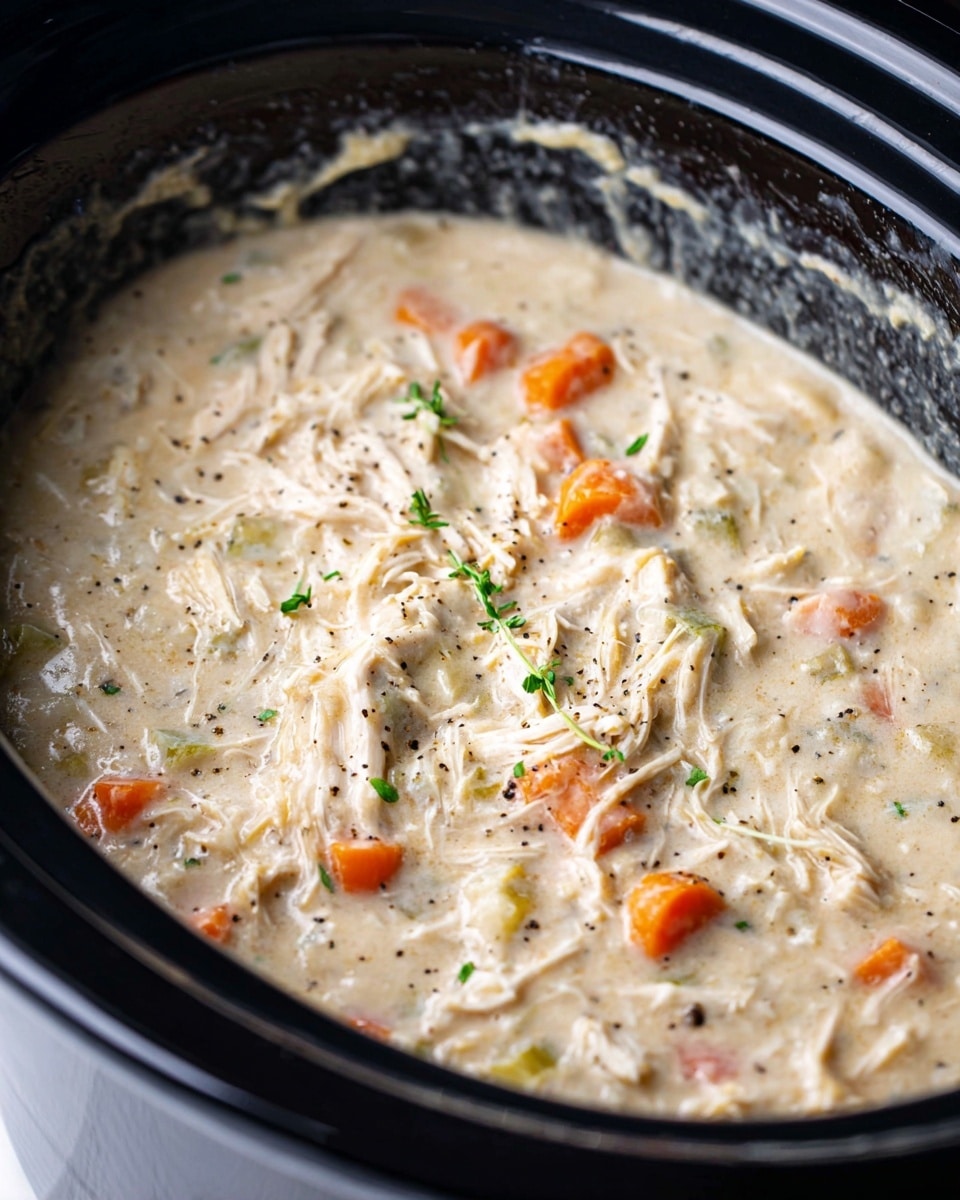 A close-up view inside a black slow cooker shows a creamy, thick soup with shredded white meat and small round orange carrot slices mixed in a pale beige broth, dotted with small green herbs and black pepper specks on top, with some soup splattered along the inner edge of the slow cooker, all set on a white marbled surface photo taken with an iphone --ar 4:5 --v 7