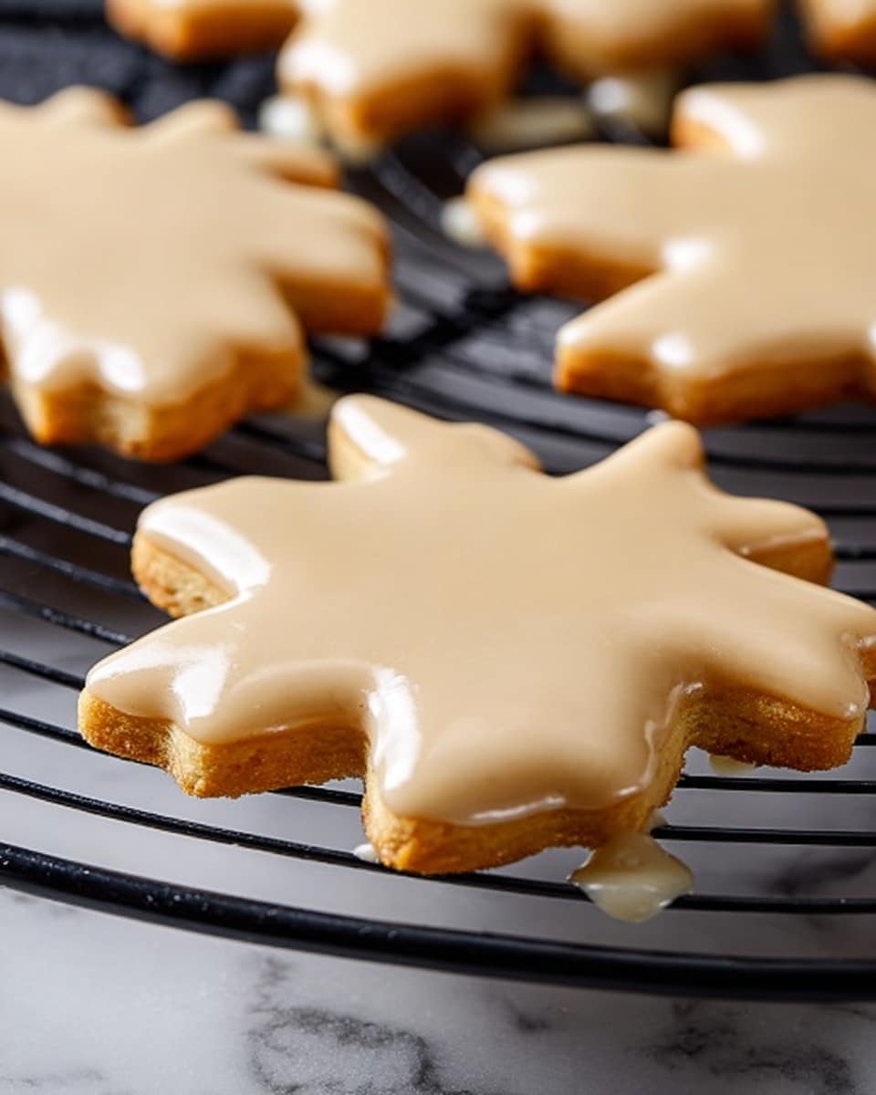 The image shows a close-up of leaf-shaped cookies with smooth light brown icing covering the top surface. The cookies are on a black cooling rack, which is placed over a white marbled surface. The icing layer is even and glossy, slightly thick, and the edges of the cookies are sharply defined with pointed leaf tips. Some cookie icing drips are visible on the rack below, indicating fresh glazing. Several other similar cookies are blurred in the background. photo taken with an iphone --ar 4:5 --v 7