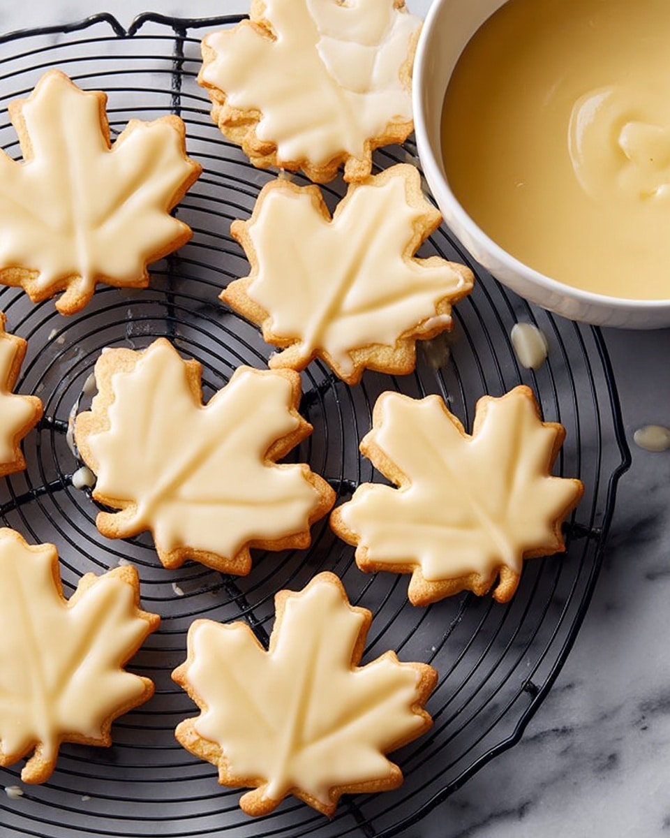 The image shows a black round cooling rack on a white marbled surface, holding multiple maple leaf-shaped cookies. Each cookie has a smooth, pale yellow icing layer evenly covering the top, leaving the edges of the golden-brown cookie visible. Small drips of icing can be seen on and around the cooling rack. On the right side, there is a white bowl filled with the same pale yellow icing, showing a smooth, creamy texture inside. Photo taken with an iphone --ar 4:5 --v 7