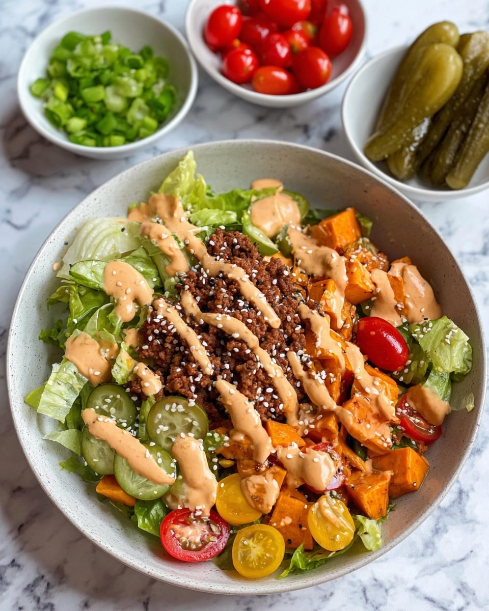 A white bowl with three main layers: the bottom layer is small orange cubes of roasted sweet potato, the middle layer is a textured dark brown ground meat mix, and the top layer is chopped fresh green lettuce and halved red and yellow cherry tomatoes. The whole bowl is drizzled with a light orange creamy sauce and sprinkled with white sesame seeds. Around the bowl, on a white marbled surface, there are three small white bowls containing chopped green lettuce, whole red and yellow cherry tomatoes, and sliced green pickles. Photo taken with an iphone --ar 4:5 --v 7
