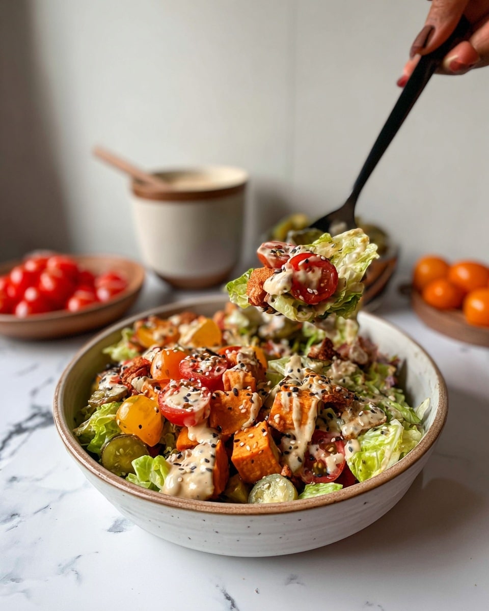 A close-up shot shows a bowl filled with a colorful salad placed on a white marbled surface. The bowl contains multiple layers including bright green lettuce leaves, cubes of orange sweet potato, chopped cherry tomatoes in red and yellow, and pieces of light green pickles scattered throughout. A creamy dressing with sesame seeds is drizzled over the salad, adding a smooth texture and light off-white color. Above the bowl, a black spoon held by a woman's hand lifts a mixed bite with layers of lettuce, tomato, sweet potato, pickles, dressing, and a sprinkle of sesame seeds. The background is a clean white wall with some small bowls of tomatoes, lettuce, and pickles nearby. Photo taken with an iphone --ar 4:5 --v 7