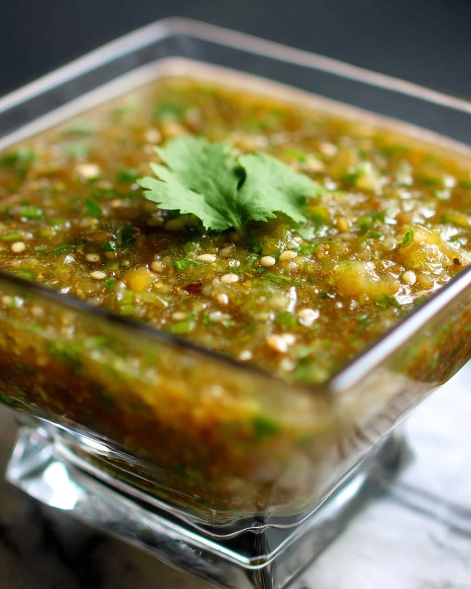 A close-up side view of a clear glass square bowl filled with chunky green salsa, showing a mix of light green, yellow, and brown textures with small bits of seeds and herbs throughout. The salsa is topped with a single fresh green cilantro leaf in the center. The bowl sits on a white marbled surface with a dark blurred background. The salsa looks moist and slightly thick with visible tiny pieces of ingredients photo taken with an iphone --ar 4:5 --v 7