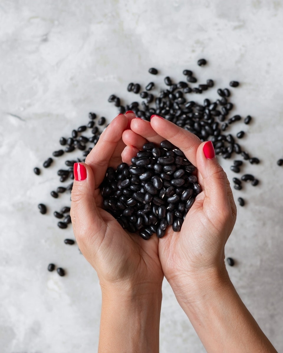 A close-up view shows a woman's hands cupped together holding a bunch of small, shiny black beans. The beans fill her palms and fingers, with a few spilling over the edges. Her nails are painted bright red, adding a pop of color against the dark beans and her light brown skin. The background is a white marbled surface with scattered black beans spread out unevenly behind the hands. The lighting is soft and bright, highlighting the smooth texture of the beans and skin. photo taken with an iphone --ar 4:5 --v 7