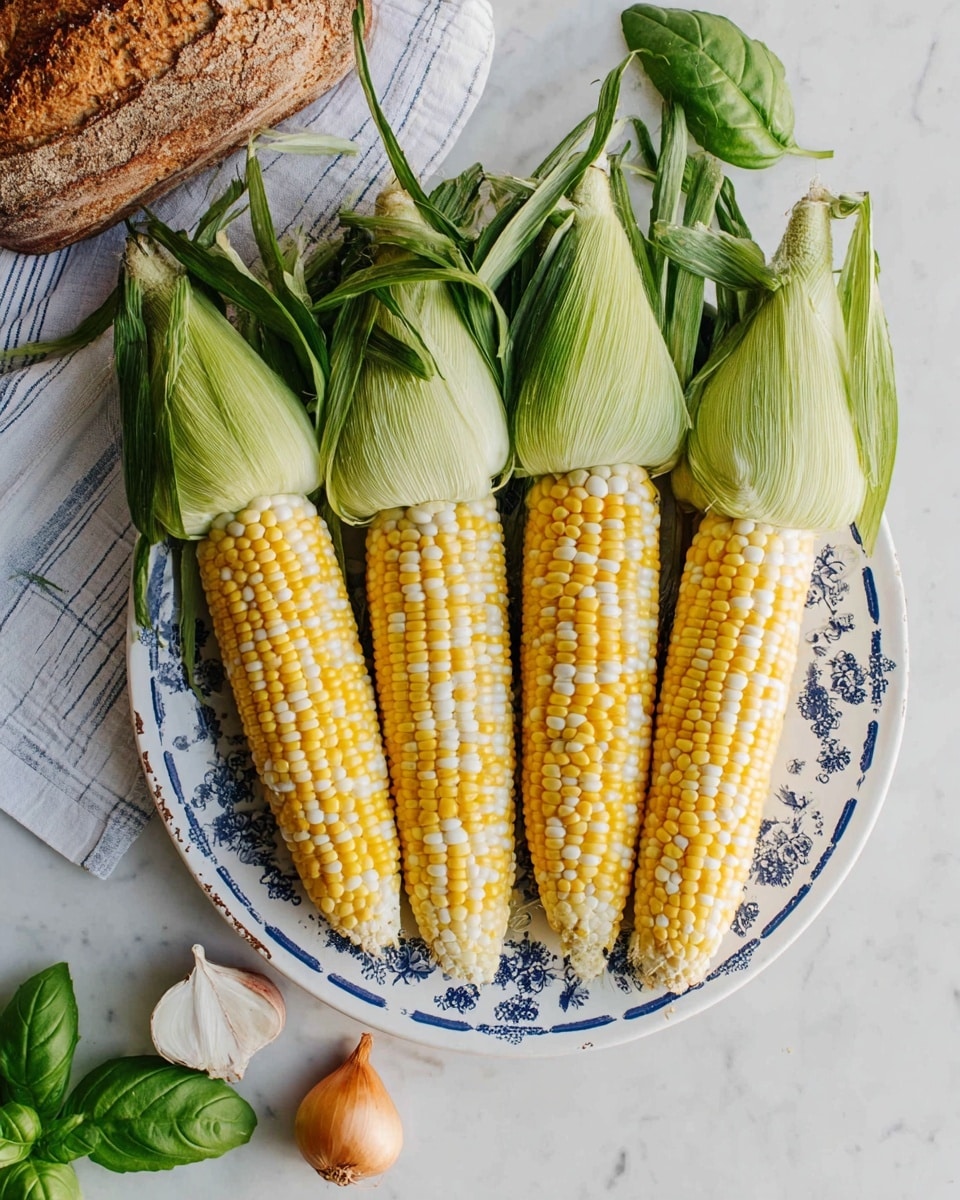 Four fresh corn cobs with yellow and white kernels are placed side by side on a white plate with a blue floral pattern. Each cob has green husks partially peeled back, exposing the top half of the kernels, and the corn silk is visible on the top. The plate rests on a white marbled surface, and in the upper left corner, there is part of a brown textured loaf of bread on a striped white cloth. Some green basil leaves and a shallot sit at the bottom left corner. The image has soft, natural lighting, with clear details on the textures of the corn, husks, and plate. photo taken with an iphone --ar 4:5 --v 7