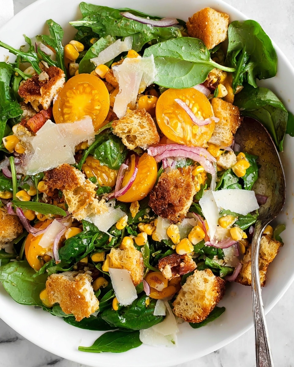The image shows a fresh salad in a white bowl on a white marbled surface. The salad has several layers, starting with large green arugula and spinach leaves scattered around. On top, there are bright yellow-orange tomato slices, sweet yellow corn kernels, and small pink onion rings adding color. Golden brown croutons are spread evenly, adding a crunchy texture. Thin shavings of pale white cheese are sprinkled across the salad, creating a light, creamy contrast. A worn silver spoon rests on the side inside the bowl. photo taken with an iphone --ar 4:5 --v 7