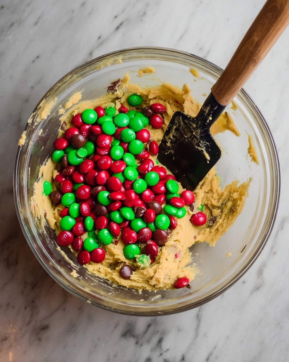 A clear glass bowl sits on a white marbled surface, filled with a yellow thick cookie dough base. On top of the dough, there are many small round candies in bright red and green colors, mixed with some small milk chocolate chips scattered around. A black spatula with a wooden handle is resting inside the bowl, partially covered with some dough. photo taken with an iphone --ar 4:5 --v 7