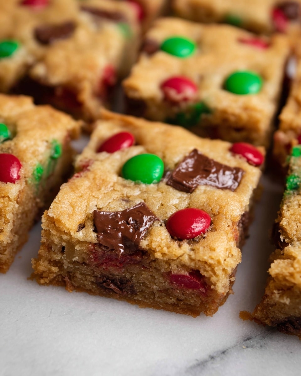 The image shows thick square bars of cookie dough baked with colorful red and green candy pieces and melted chocolate chunks scattered inside and on top. The cookie bars have a golden-brown crumbly texture with a slightly soft appearance. The candy pieces are round and glossy, sitting embedded in the dough, while the chocolate chunks are melty and shiny. The bars are arranged close together on a white marbled surface, showing the edges and layers clearly. Photo taken with an iphone --ar 4:5 --v 7