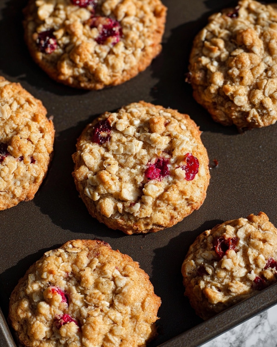 The image shows several oatmeal cookies with a crumbly and rough texture, resting in a dark baking tray on a white marbled surface. Each cookie has a golden-brown base layer with visible oats scattered across and baked to a light crispy finish. Pieces of red berry are slightly embedded into the top surface of some cookies, adding small bright red spots. The overall look is rustic and homemade, with uneven, lumpy oat crumble tops. Sunlight casts soft shadows across the baking tray and cookies, highlighting the texture details. Photo taken with an iphone --ar 4:5 --v 7