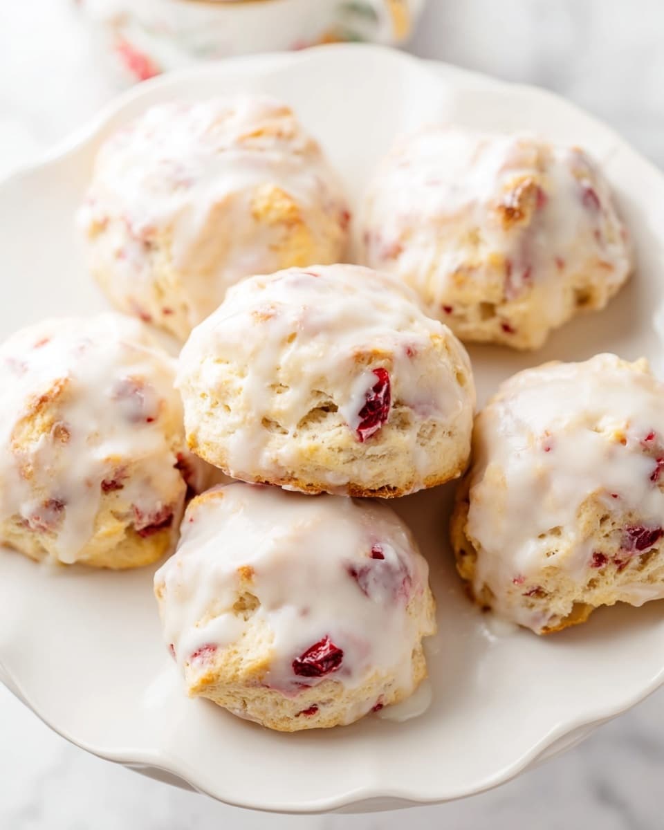 A plate with small round scones all covered in a shiny white glaze, each scone showing bits of red berries inside the soft golden-baked dough. The scones are placed on a white dish with a slightly wavy edge, and the background is a white marbled surface. The glaze looks smooth and glossy, softly highlighting the uneven, crumbly texture of the scones underneath. Photo taken with an iphone --ar 4:5 --v 7