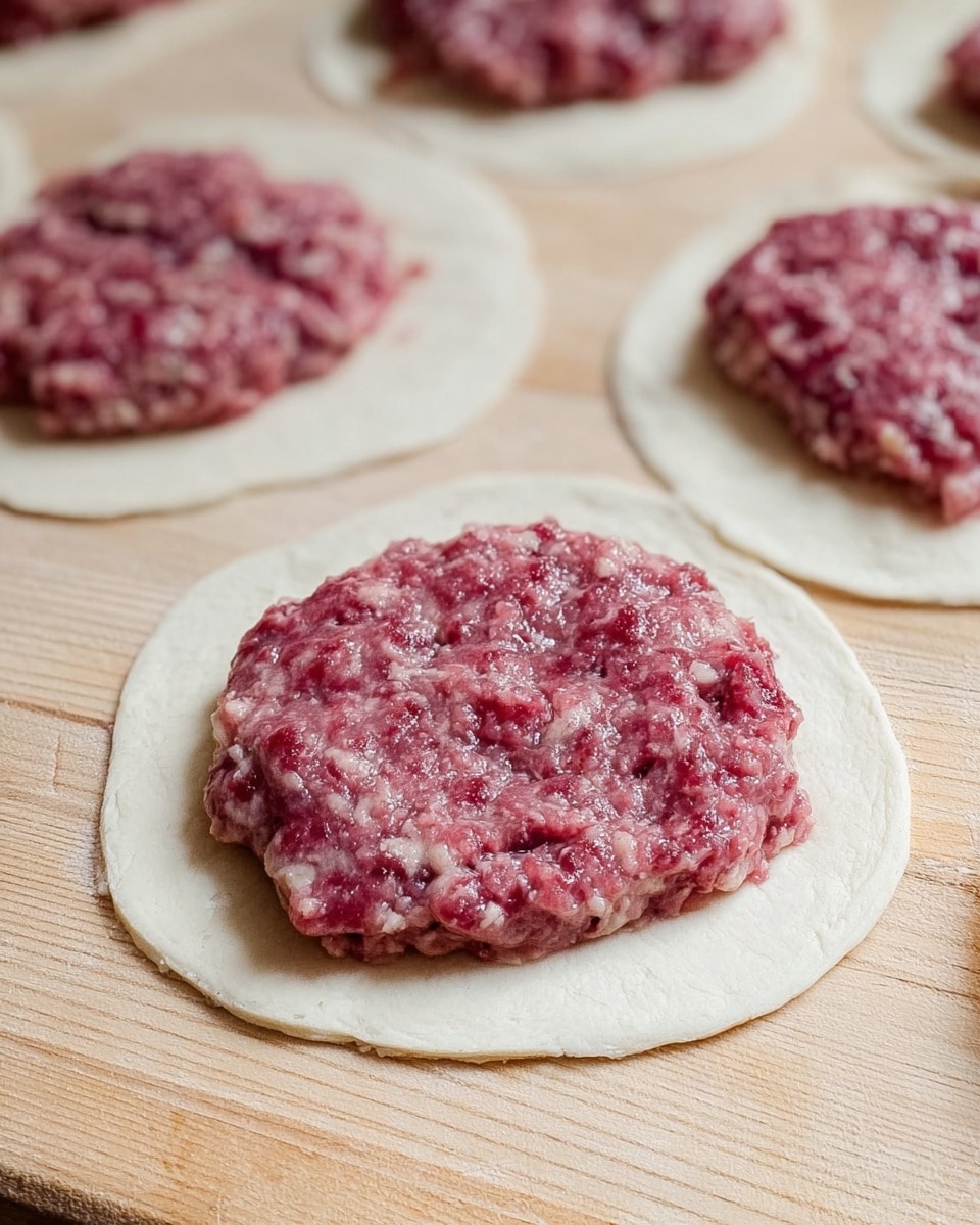 The image shows several round white dough disks laid out on a wooden surface with a light natural grain. Each dough disk has a layer of raw, ground meat spread on top, covering most of the surface except the edges. The meat is a deep pinkish-red color with visible small pieces of fat and onion mixed in, giving it a slightly coarse texture. The filling is unevenly spread, creating soft, rough edges that contrast with the smooth, pale dough underneath. photo taken with an iphone --ar 4:5 --v 7