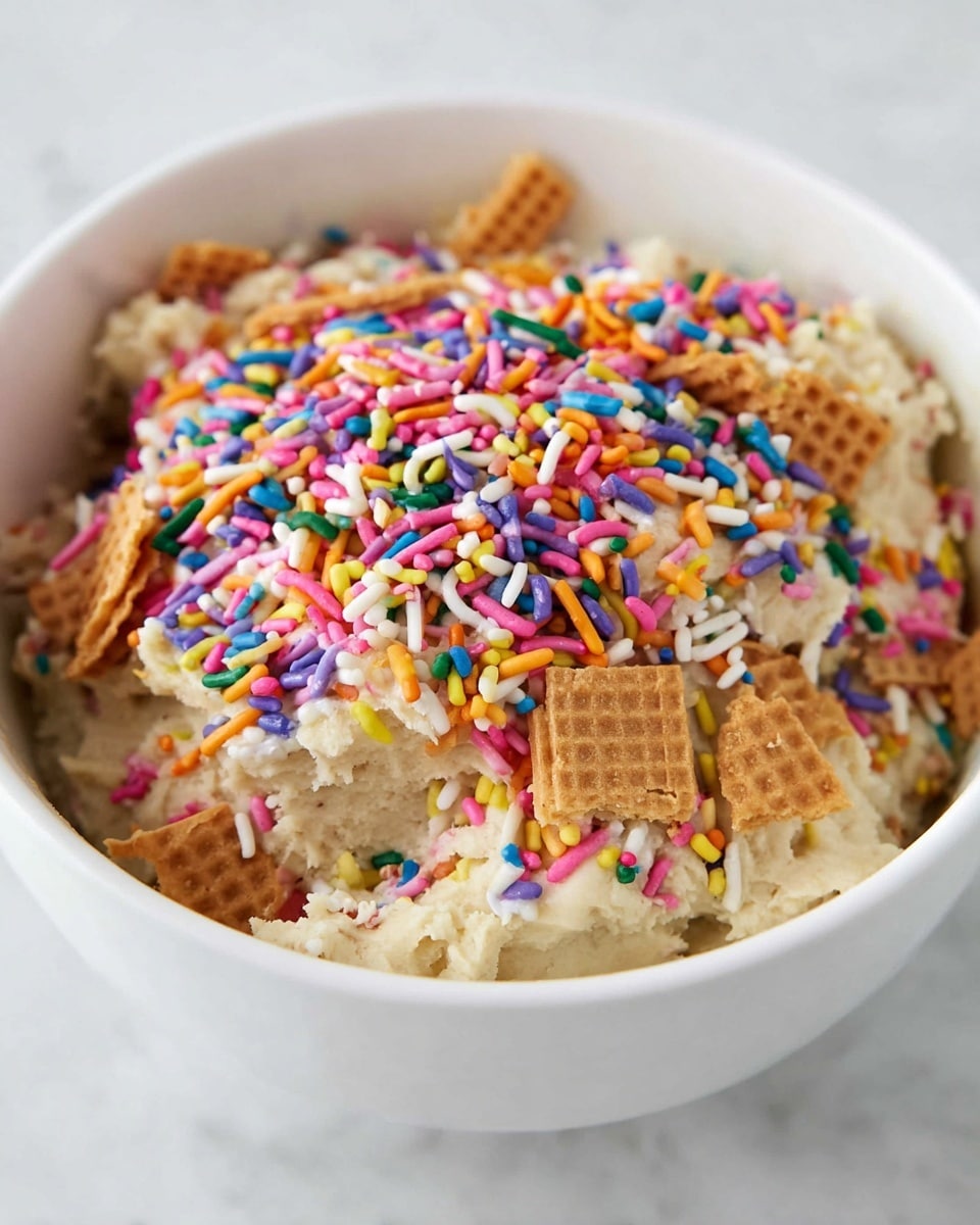 A white bowl holds a mixture with three layers: the bottom layer is light beige dough with a soft, creamy texture; scattered on top are light brown, broken waffle pieces creating a crunchy texture; the top layer is a pile of colorful, long sprinkle bits in white, pink, orange, green, yellow, purple, and blue, adding a sharp contrast in color and texture. The bowl sits on a white marbled surface. photo taken with an iphone --ar 4:5 --v 7