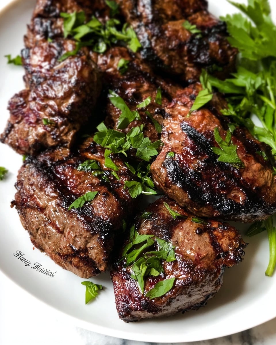 A close-up view of several grilled meat pieces arranged closely together on a white plate, with each piece showing dark brown and slightly blackened grill marks, giving a textured surface. The meat is moist and shiny in some areas, adding a fresh look. Scattered on top and around the meat are fresh green herb leaves that add a bright contrast and a touch of color against the rich brown meat. The plate sits on a white marbled surface, enhancing the overall fresh and clean presentation. photo taken with an iphone --ar 4:5 --v 7