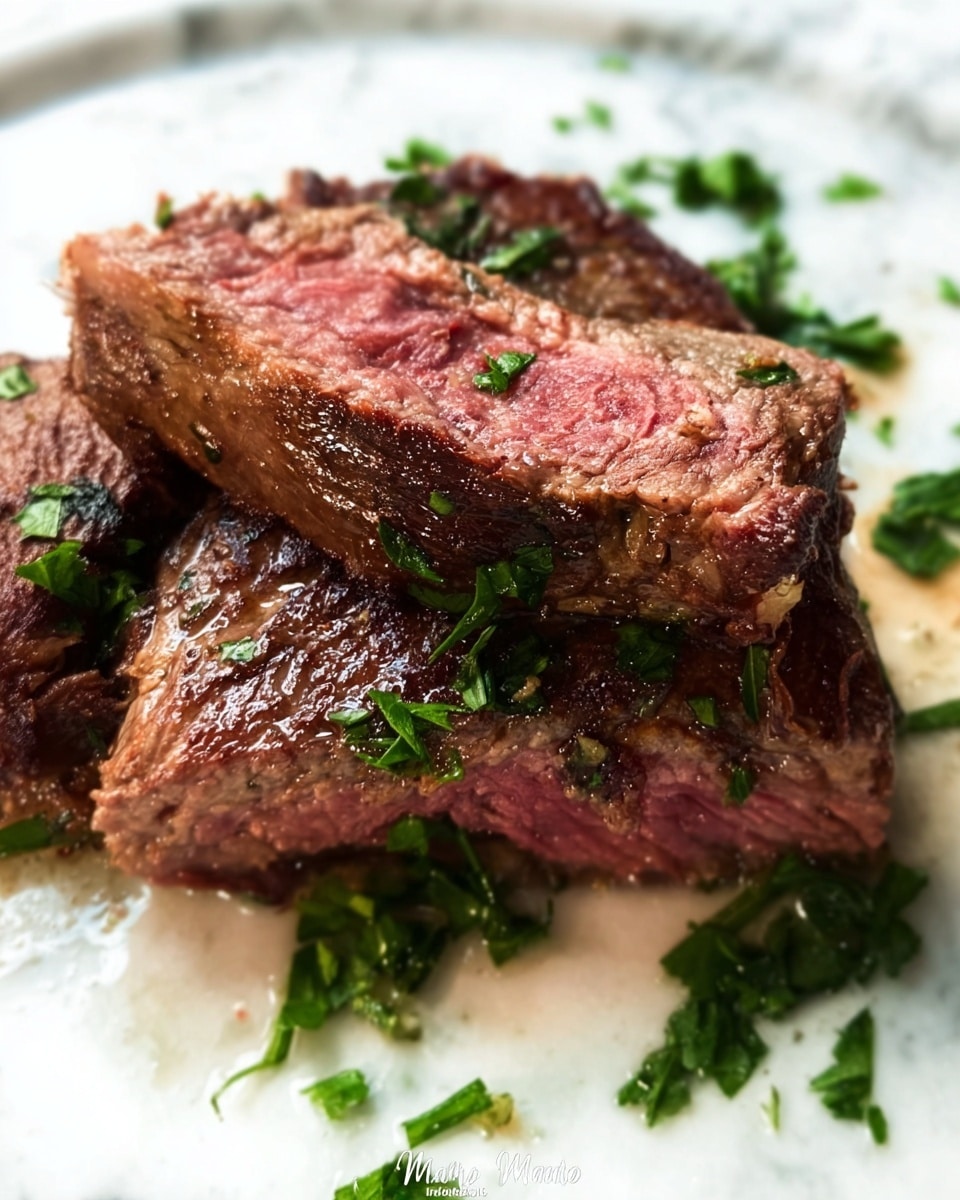 Two thick pieces of cooked steak are stacked slightly on a white plate with a few scattered chopped green herbs around them. Each steak piece shows a pinkish-red center surrounded by a brown outer cooked layer with a slightly charred texture. The plate sits on a white marbled surface, and the lighting highlights the juicy texture of the meat and the fresh green herbs. photo taken with an iphone --ar 4:5 --v 7