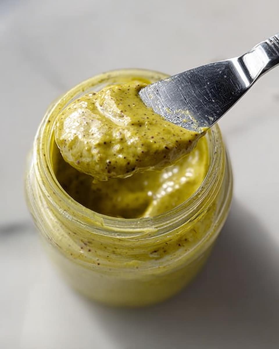 A close-up view of a glass jar filled with thick, creamy green mustard sauce with visible seeds. A silver knife rests on top of the jar, holding a large dollop of the mustard, showing its rich, slightly chunky texture. The jar is placed on a white marbled surface. The scene is brightly lit, highlighting the sauce's glossy and smooth appearance. Photo taken with an iphone --ar 4:5 --v 7