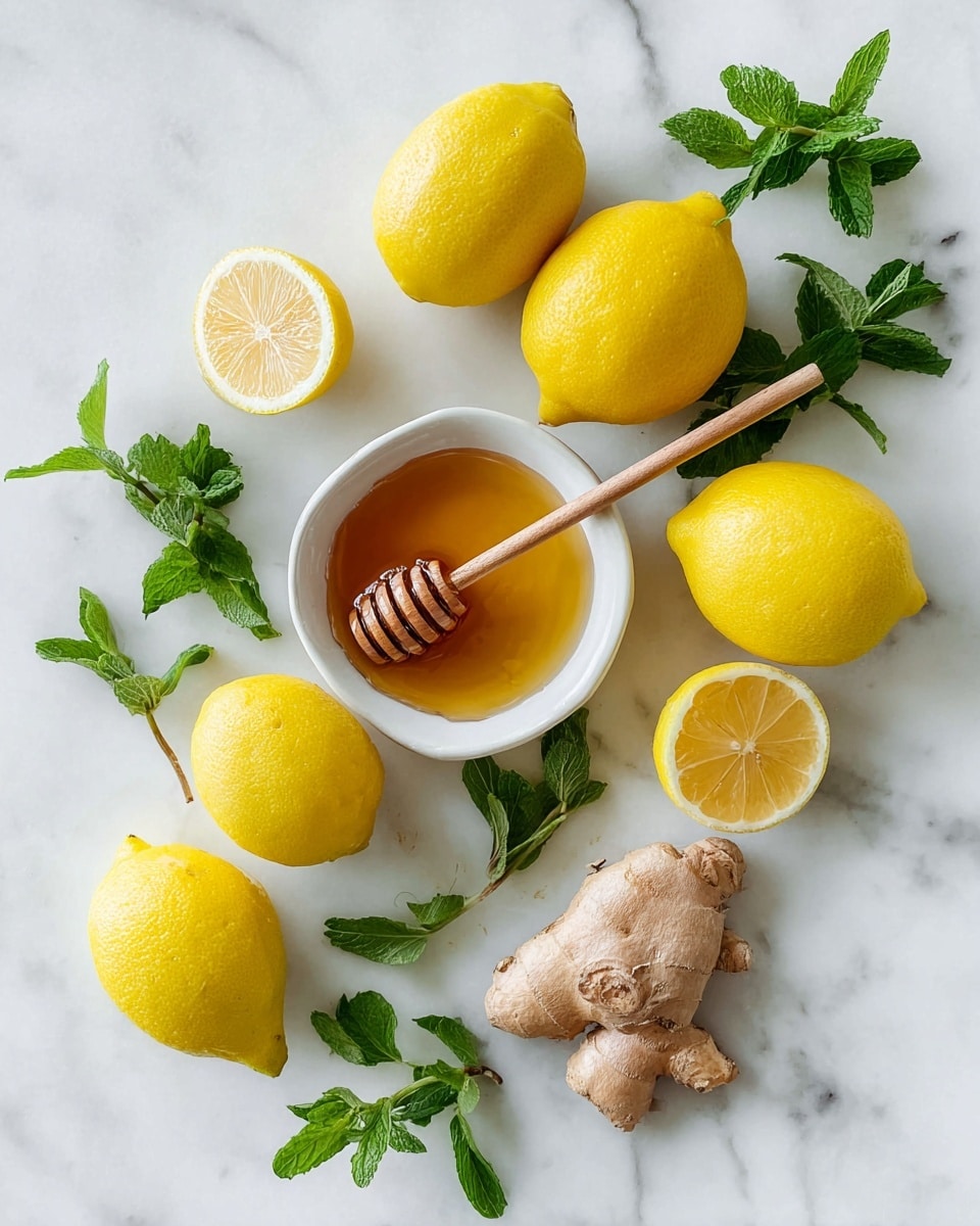 The image shows a white marbled surface with a simple arrangement of ingredients: five whole bright yellow lemons placed around the center, two lemon halves with squeezed interiors facing up near the bottom-left and top-right, a light brown piece of ginger on the right side, and fresh green mint sprigs scattered around. In the center, there is a white bowl filled with golden honey, with a wooden honey dipper resting inside. photo taken with an iphone --ar 4:5 --v 7