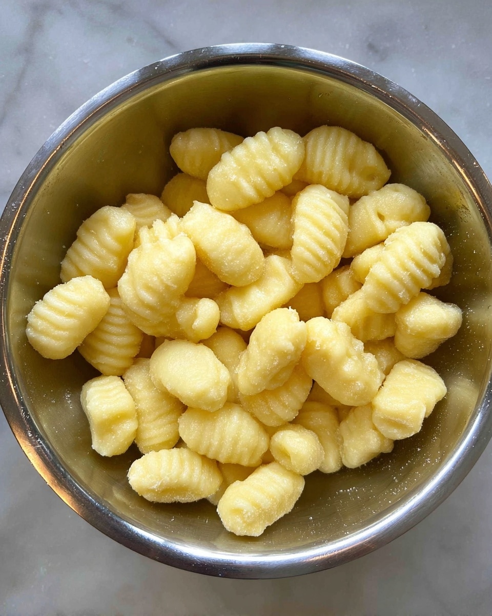 A shiny silver bowl filled with a single layer of small, plump gnocchi, each piece light yellow in color with soft ridges and rounded shapes. The gnocchi look fresh and slightly glossy, resting closely together inside the bowl. The background is a white marbled texture. photo taken with an iphone --ar 4:5 --v 7
