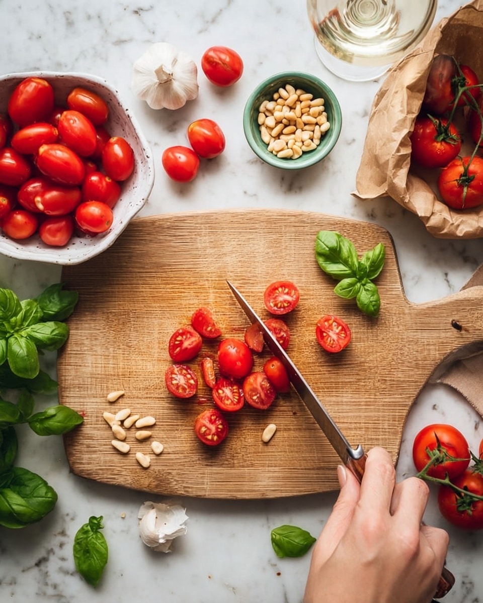 A wooden cutting board is placed on a white marbled surface, with a woman's hand holding a knife slicing small red tomatoes in half on the board. To the left, a white bowl is filled with more red tomatoes, and next to it a small green bowl holds a pile of pine nuts. A whole garlic bulb and fresh green basil leaves are scattered around the board, and some pine nuts are spilled nearby. On the right side, a brown paper bag contains a few red tomatoes still on the vine. In the upper right corner, a glass of white wine is partially visible. photo taken with an iphone --ar 4:5 --v 7