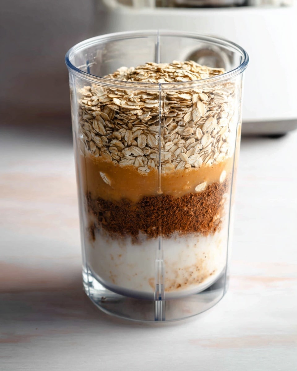 A clear blender cup contains visible layers of ingredients from bottom to top: a thick layer of light orange puree, a creamy white liquid above it, followed by a rich brown powdery layer, and topped with a thick layer of dry, pale golden rolled oats. The cup is placed on a white marbled surface and part of the blender base is slightly visible in the background. The scene has soft natural light and a clean, simple look. Photo taken with an iphone --ar 4:5 --v 7