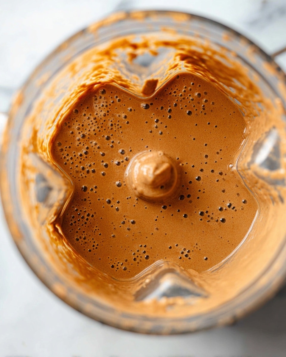 The image shows a close-up top view of a blender container filled with a thick, smooth, brownish mixture with small bubbles on its surface. Inside the blender, the mixture coats the clear container’s walls unevenly, revealing its creamy texture. The blender blade, visible at the top, has some of the mixture stuck to it, giving a slightly shiny look. The background surface is a white marbled texture, adding a clean and bright contrast to the rich brown color of the mixture. photo taken with an iphone --ar 4:5 --v 7