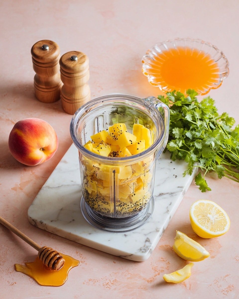 A clear blender jar is filled with three layers: the bottom layer is yellow chunks of mango, the middle layer is small pieces of light yellow fruit, and the top layer has black pepper sprinkled. The blender sits on a white marbled board. Next to it on the right, there is a bunch of fresh green cilantro leaves on the white marbled surface. Above and to the left of the blender, a whole peach with a fuzzy orange and red skin rests on the white marbled surface. Nearby are two round wooden salt and pepper shakers. Above the cilantro, a clear glass jar with a round, scalloped shape holds orange-yellow liquid. At the bottom right corner are two lemon halves and a lemon wedge on the white marbled background. At the bottom left corner, there is a jar of honey with a wooden dipper. photo taken with an iphone --ar 4:5 --v 7