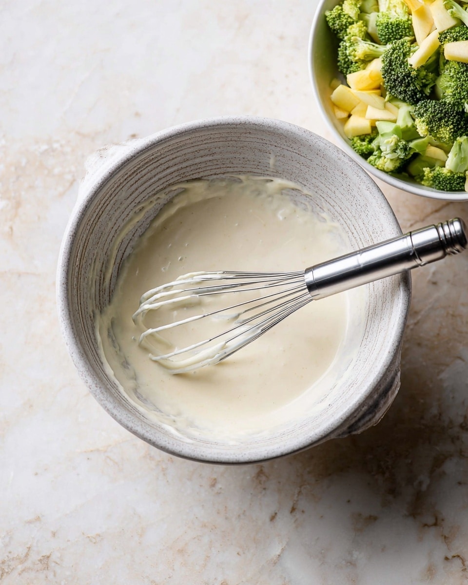 A light gray bowl with a textured surface contains a smooth, creamy white sauce inside, with a stainless steel whisk resting in the sauce, positioned diagonally from the bottom right to the center. In the upper right corner, there is a white bowl with chopped green broccoli florets and pieces of yellowish apple on top. The background is a white marbled surface. Photo taken with an iphone --ar 4:5 --v 7