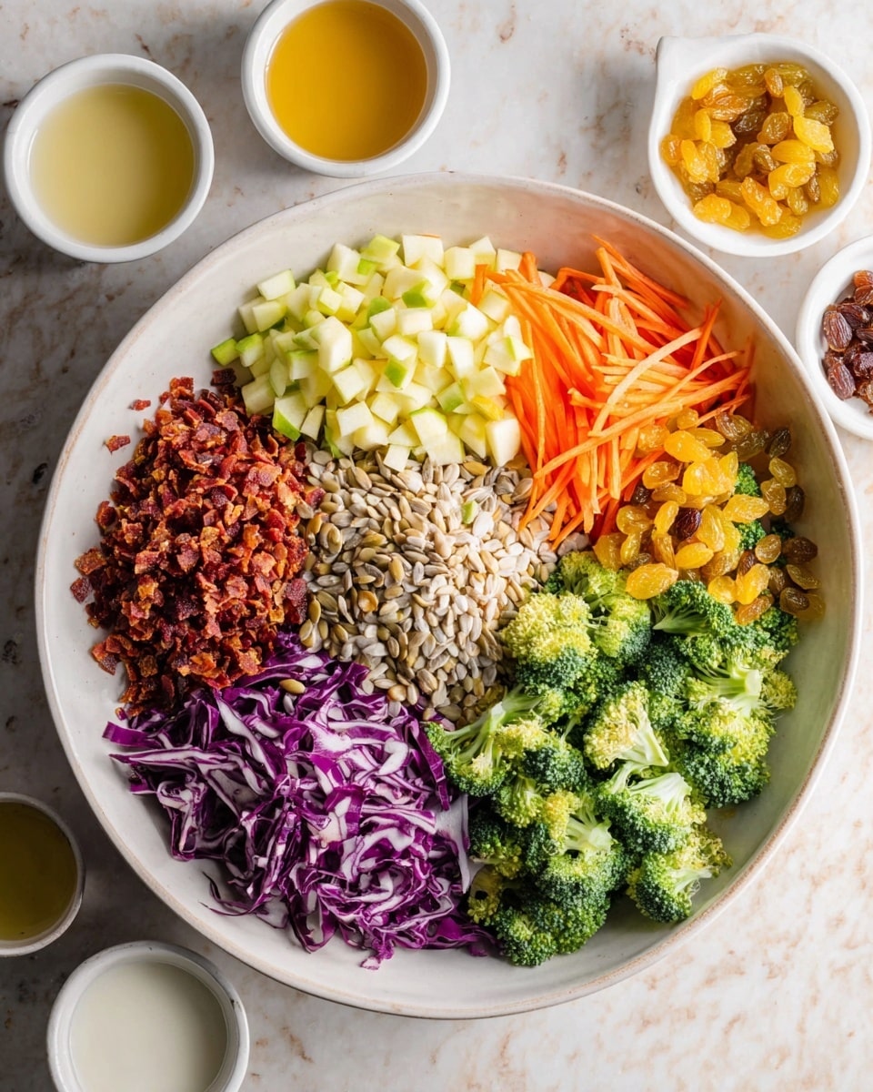 A large white bowl filled with a colorful salad arranged in six distinct sections: green broccoli florets topped with golden raisins on the top right, light yellow chopped apple pieces next to bright orange carrot sticks below, finely chopped red onions adjacent to deep purple shredded cabbage on the bottom left, and a pile of pale beige sunflower seeds above the cabbage. On the left middle side, there is a mound of reddish crumbled bits, likely crispy bacon or a similar topping. The bowl sits on a white marbled surface with small white bowls containing honey and creamy white dressings nearby. photo taken with an iphone --ar 4:5 --v 7