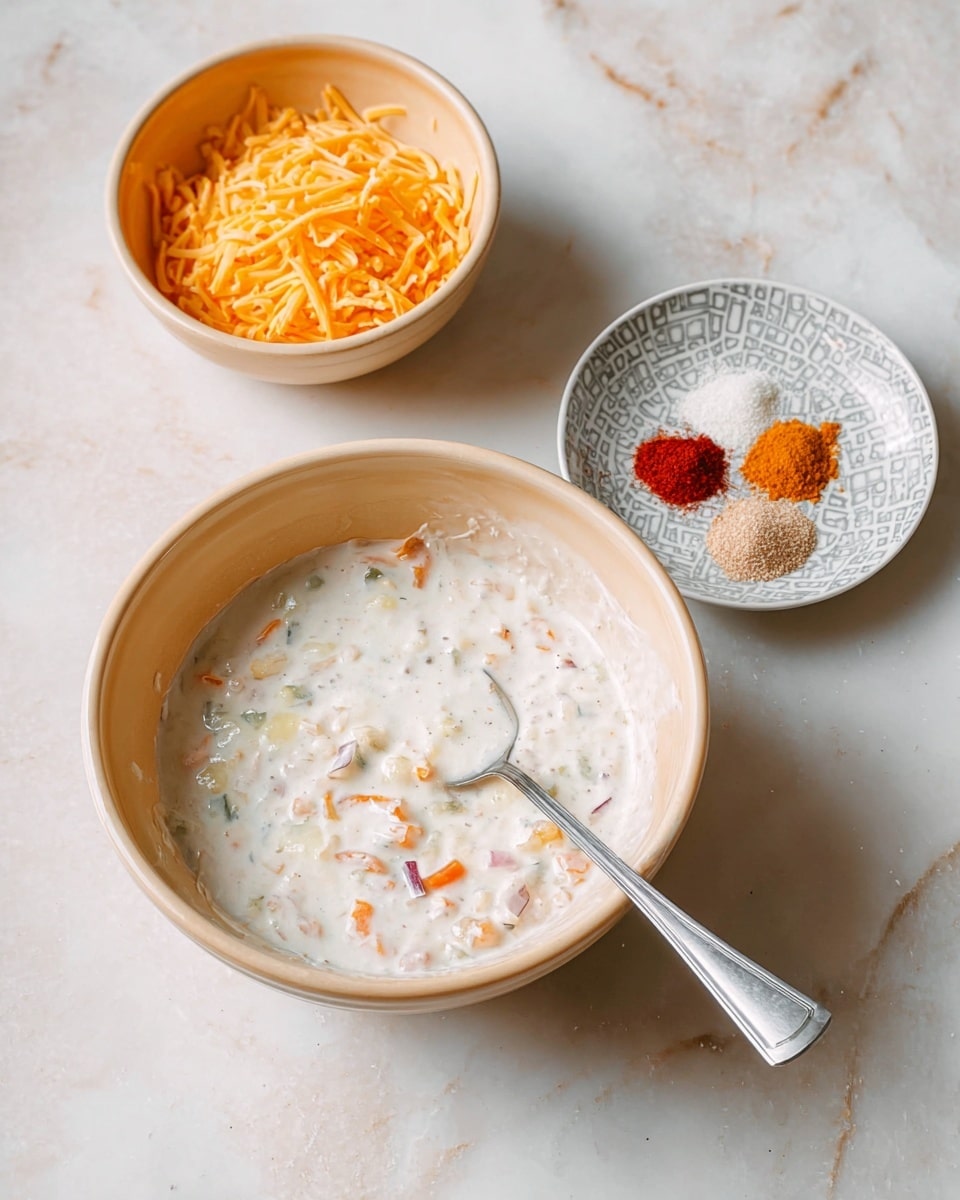 The image shows three bowls placed on a surface with a white marbled texture. The largest bowl in the foreground is beige and contains a creamy white mixture that has small bits of orange, green, and possibly red ingredients mixed in, with a silver spoon resting inside. Behind it, there is a smaller beige bowl filled with shredded orange cheese. To the right, there is a white plate with a grey patterned design, holding small piles of different colored spices, including light beige, bright red, and off-white powders. photo taken with an iphone --ar 4:5 --v 7