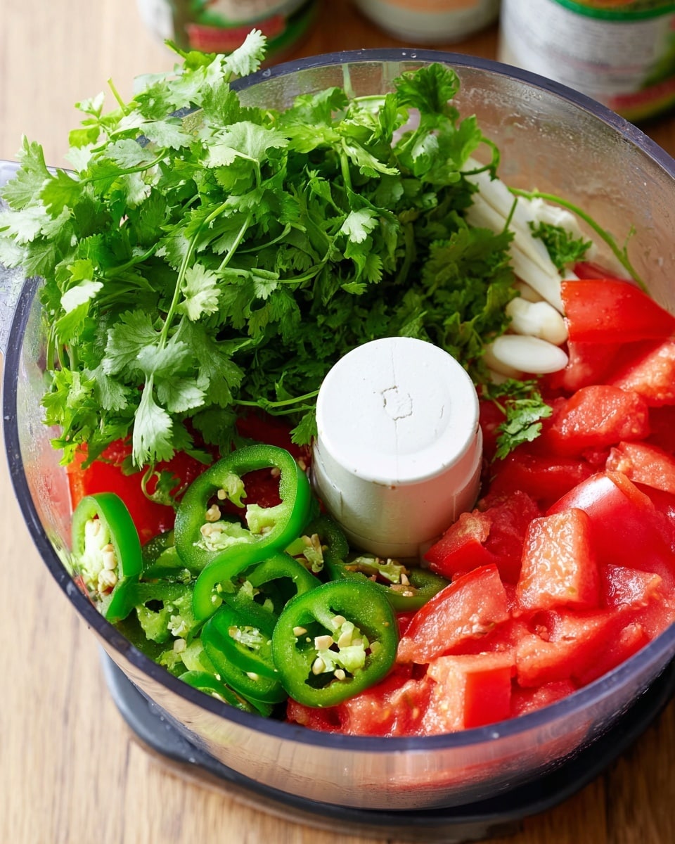A clear food processor bowl filled with fresh ingredients before blending, showing three main layers: the bottom layer has chopped red tomatoes with smooth, shiny surfaces; above and mixed in are sliced bright green jalapeños with visible seeds and white garlic cloves with smooth, slightly curved shapes; the top layer is a bunch of fresh green cilantro leaves with a feathery texture, loosely spread around the center white blade cap. The bowl sits on a light wood surface with two cans blurred in the background. Photo taken with an iphone --ar 4:5 --v 7