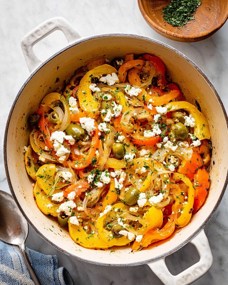 A white pot filled with cooked yellow squash and orange bell pepper strips layered with light brown sautéed onions scattered inside. The squash and peppers look soft with some browned spots and are mixed with slices of green and tan olives. White pieces of crumbly cheese are spread on top, with small bits of fresh green parsley sprinkled over all. The pot sits on a white marbled surface, with parts of a spoon and a small wooden bowl with green herbs visible near the top edge. Photo taken with an iphone --ar 4:5 --v 7