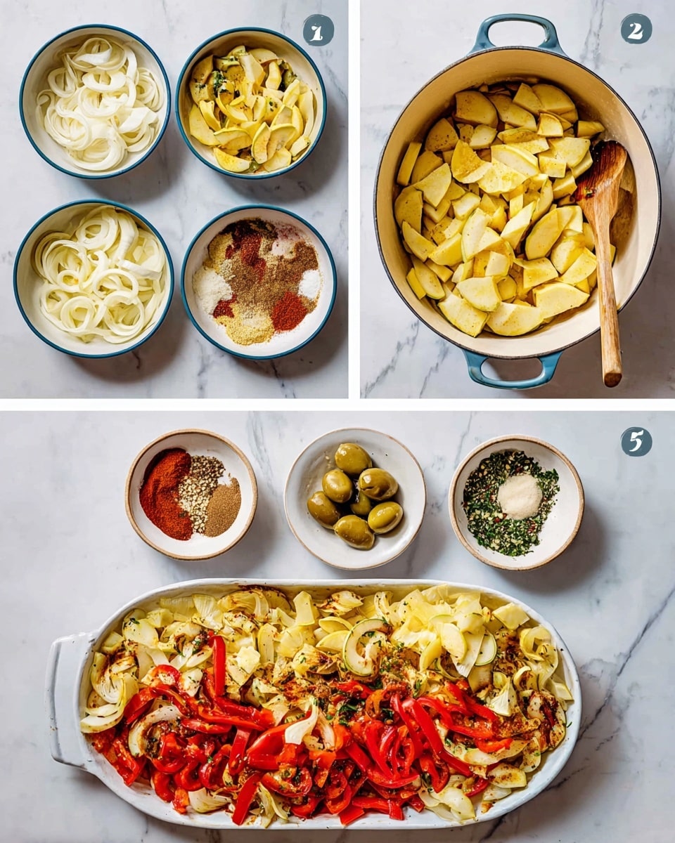 The first image shows many small white bowls with different sliced ingredients and spices arranged on a white marbled surface, including light yellow sliced squash, white thin onion slices, red bell pepper strips, green olives, and various seasonings. In the second image, a white pot holds a single layer of soft, pale yellow cooked onion slices at the bottom. The third image fills the same white pot with three main layers: pale yellow sliced squash covering the base, bright red pepper strips stacked mostly on one side, and minced garlic near the center. The fourth image adds another layer of spices over the vegetables, with brown, red, and black seasonings sprinkled mostly on the right half, while a wooden spoon rests inside the pot. The fifth image shows the cooked squash and pepper mix spread evenly on a white oval platter, with some seasoning flakes visible and three small bowls on the right and bottom of the surface. The last image is a white oval platter topped with cooked bright yellow squash and red peppers, scattered green olive slices, white crumbled cheese, and chopped green herbs, ready to serve, with a spoon partially visible on the right. Photo taken with an iphone --ar 4:5 --v 7