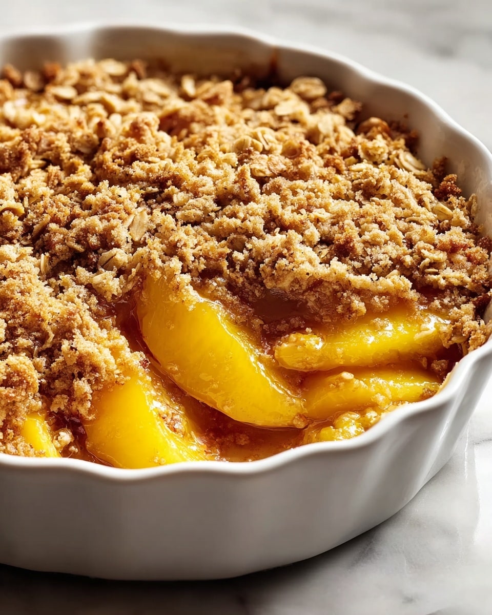 A white round dish holds a warm dessert with two visible layers: the bottom layer shows soft, bright yellow peach slices with a smooth, juicy texture peeking through, while the top layer is a thick, crumbly oat mixture with a golden-brown color, crisp and uneven in texture, covering the peaches partly with bits scattered on the edges. The dish is set on a white marbled surface with soft natural light highlighting the shine on the peaches and the crunchiness of the oat topping, giving a cozy, freshly baked feel. Photo taken with an iphone --ar 4:5 --v 7