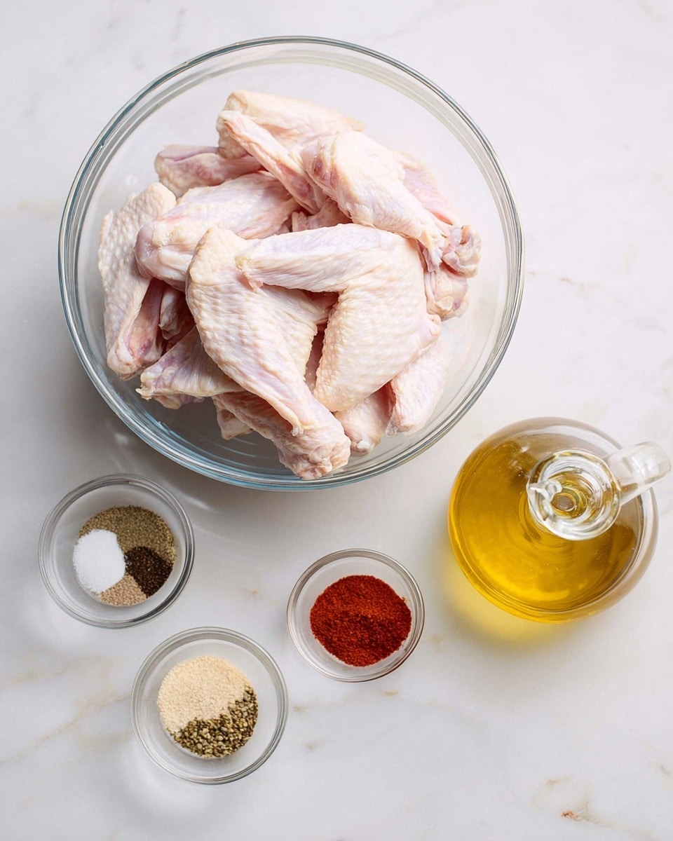 The image shows three glass bowls on a white marbled surface. The largest bowl in the center holds several raw chicken wings, pale pink with some white fat and skin, layered loosely and filling the bowl. To the left, a smaller glass bowl contains six different spices arranged in small piles, featuring dark brown black pepper, white salt, beige garlic powder, reddish paprika, and light brown powder. On the right, a small clear glass bottle filled with yellow olive oil with a glass stopper is placed. The photo looks bright and clean, taken with an iphone --ar 4:5 --v 7