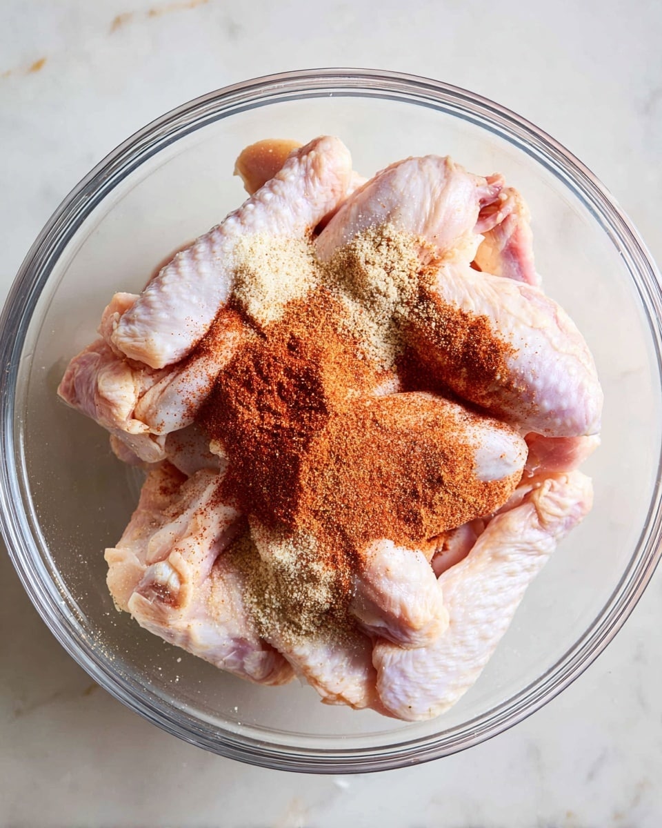 A clear glass bowl sits on a white marbled surface, filled with eight raw chicken wings arranged loosely with skin showing pale pink and white tones. On top of the wings are layers of dry spices, primarily a reddish-brown powder unevenly sprinkled, covering most of the chicken pieces. There are also light brown and white granulated spices scattered over the wings, adding texture contrast. The bowl’s transparent edges frame the ingredients clearly, with no other items visible in the scene. Photo taken with an iphone --ar 4:5 --v 7