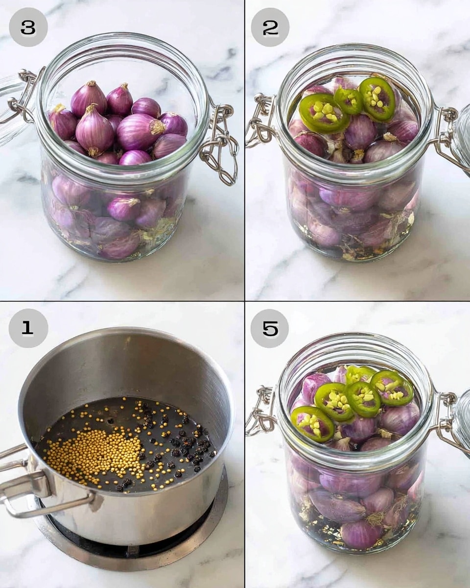 A clear glass jar with a metal clasp lid is shown on a white marbled surface in four steps: first, the jar is filled with small purple shallots with a smooth texture; second, green chili slices with a shiny, smooth surface are added on top of the shallots; third, a small stainless steel pot shows yellow mustard seeds and black peppercorns floating in clear water on a stove burner; lastly, the jar is filled with a clear liquid covering the shallots, green chili slices, and some mustard seeds layered on top. Photo taken with an iphone --ar 4:5 --v 7