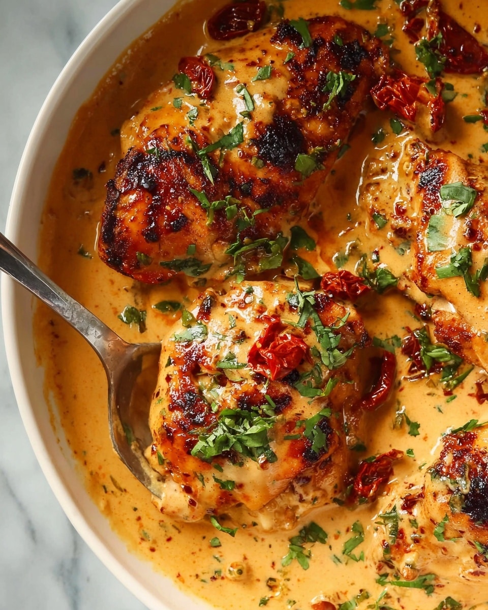 The image shows a close-up view of three pieces of browned chicken sitting in a thick, creamy orange sauce with visible flecks of herbs and spices. The chicken pieces have charred, dark brown spots, and are sprinkled with fresh chopped green herbs and small pieces of red sun-dried tomatoes on top. The sauce looks rich and smooth, covering the chicken partially, and the dish is in a white bowl on a white marble surface. A silver spoon is partially visible in the bottom left corner, resting in the sauce. photo taken with an iphone --ar 4:5 --v 7