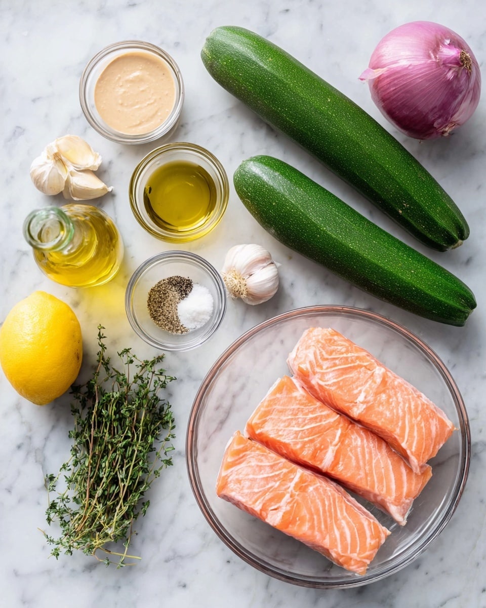 The image shows fresh ingredients on a white marbled surface. In the center right, a clear glass bowl holds three bright orange raw salmon fillets with white lines. Two smooth green zucchinis lay side by side on the left. Above them are three small clear glass bowls, one with a light brown creamy sauce, one with golden honey, and one with mixed salt and pepper. Next to the bowls, a small bottle of golden olive oil stands upright. Below the bowls are fresh green thyme sprigs and a bright yellow lemon. Two whole garlic cloves and a purple onion with a textured skin sit near the top right corner. photo taken with an iphone --ar 4:5 --v 7