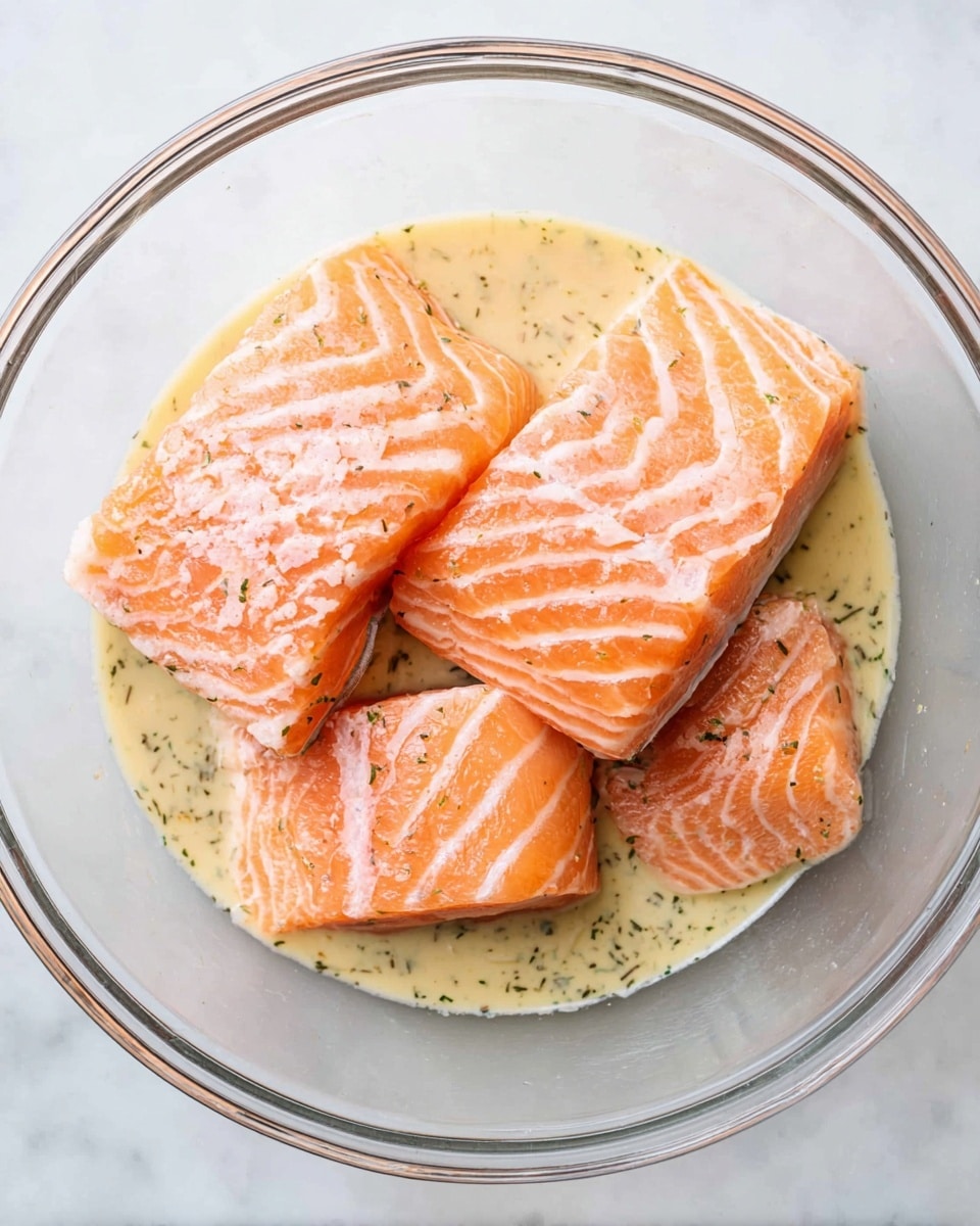 Four raw salmon fillets with bright, fresh orange-pink color and white fat lines lie flat in a clear glass bowl. The fillets are partially covered with a thick, creamy pale yellow marinade with green and black specks of herbs and spices. The bowl sits on a smooth white marbled surface, and the salmon pieces overlap slightly in the center. photo taken with an iphone --ar 4:5 --v 7