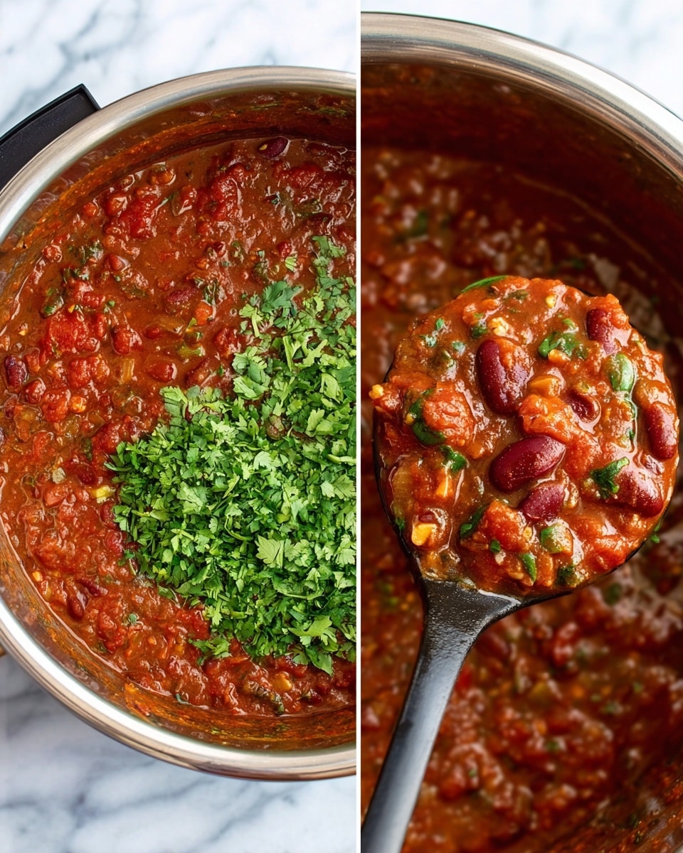 The image shows a close-up of a pot filled with a thick stew. The stew has a rich red-brown color with visible chunks of tomatoes and kidney beans. A large amount of chopped green herbs, likely cilantro, rests on one side of the stew’s surface, adding a fresh contrast. In a separate close-up, a black ladle holds a scoop of the stew, revealing a thick texture with mixed beans, small pieces of vegetables, and green herbs spread evenly throughout. The pot has a shiny metal edge, and the background features a white marbled texture. Photo taken with an iphone --ar 4:5 --v 7