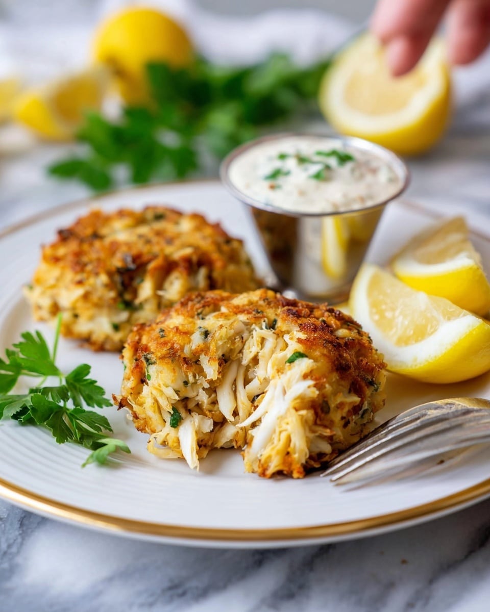 There are two light golden crab cakes that look crunchy and soft on a white plate with a thin gold rim. The crab cakes have visible white crab meat mixed with herbs and spices. On the right side of the plate, there are two wedges of bright yellow lemon. Behind the lemon wedges, there is a small silver cup filled with white creamy sauce that has green herbs on top. A sprig of fresh green parsley is on the left side of the plate. The plate is placed on a white marbled surface, and a woman's hand with a fork is visible in the bottom right corner. Photo taken with an iphone --ar 4:5 --v 7