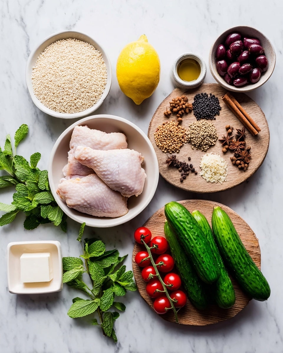 The image shows a collection of fresh ingredients arranged neatly on a white marbled surface. At the center right, a white bowl holds five small dark green cucumbers and a bunch of bright red grape tomatoes still on the vine. To the right, a round wooden board displays different whole spices including cinnamon sticks, black peppercorns, coriander seeds, allspice berries, clove, and a nutmeg seed. Above this, a white bowl contains three raw chicken thighs, pale pink in color. To the left of the chicken, two bright yellow lemons sit next to a white bowl filled with small white grains, likely quinoa or couscous. Above the grains, a smaller white bowl holds dark purple Kalamata olives. In the bottom left corner, a small bunch of fresh mint leaves lies near a rectangular block of white cheese on a white plate. Lastly, a tiny white bowl at the bottom center shows light brown pine nuts. The photo was taken with an iphone --ar 4:5 --v 7